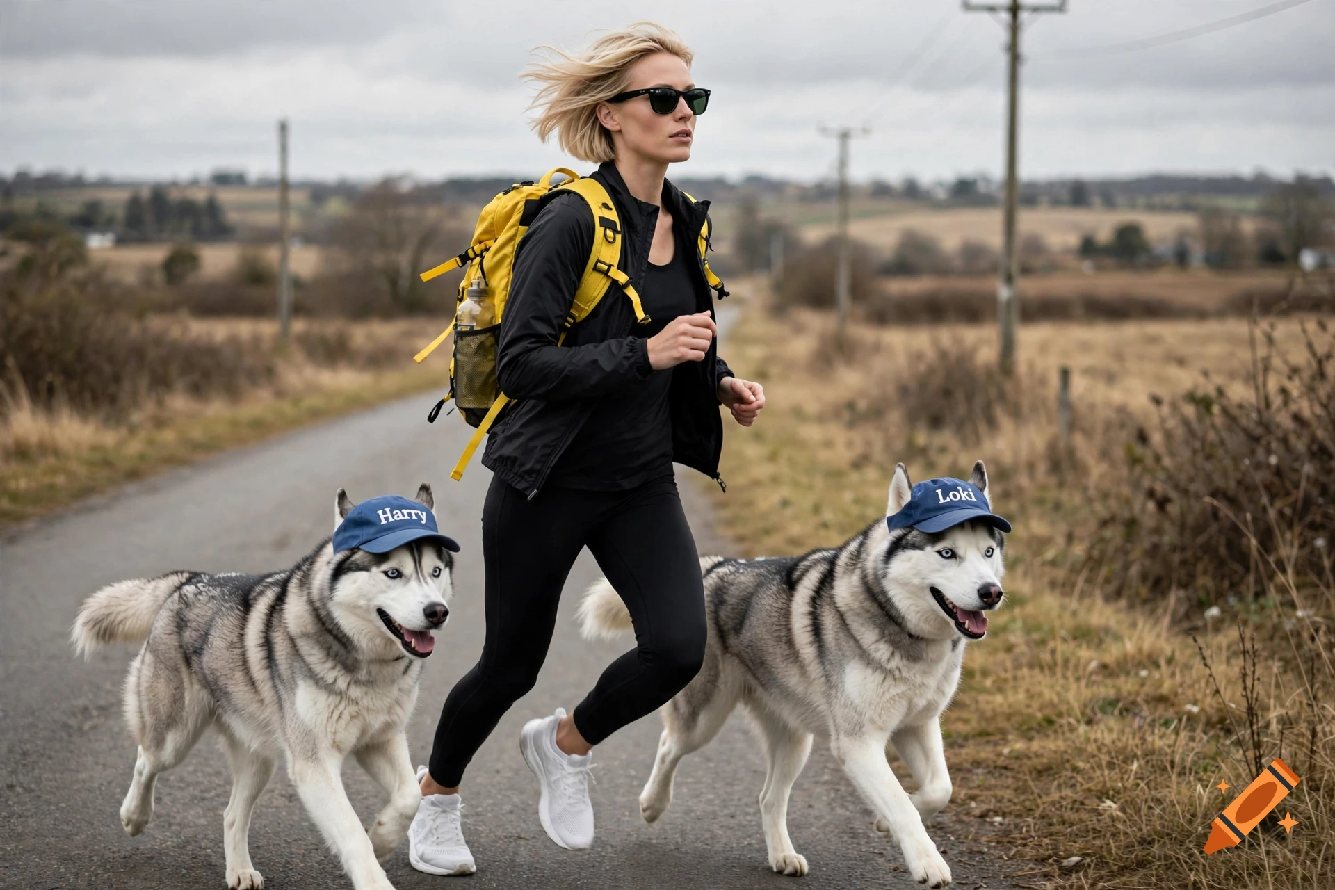 Photorealistic image of a blonde woman running on a road with two huskies wearing blue baseball caps that say Harry and Loki.