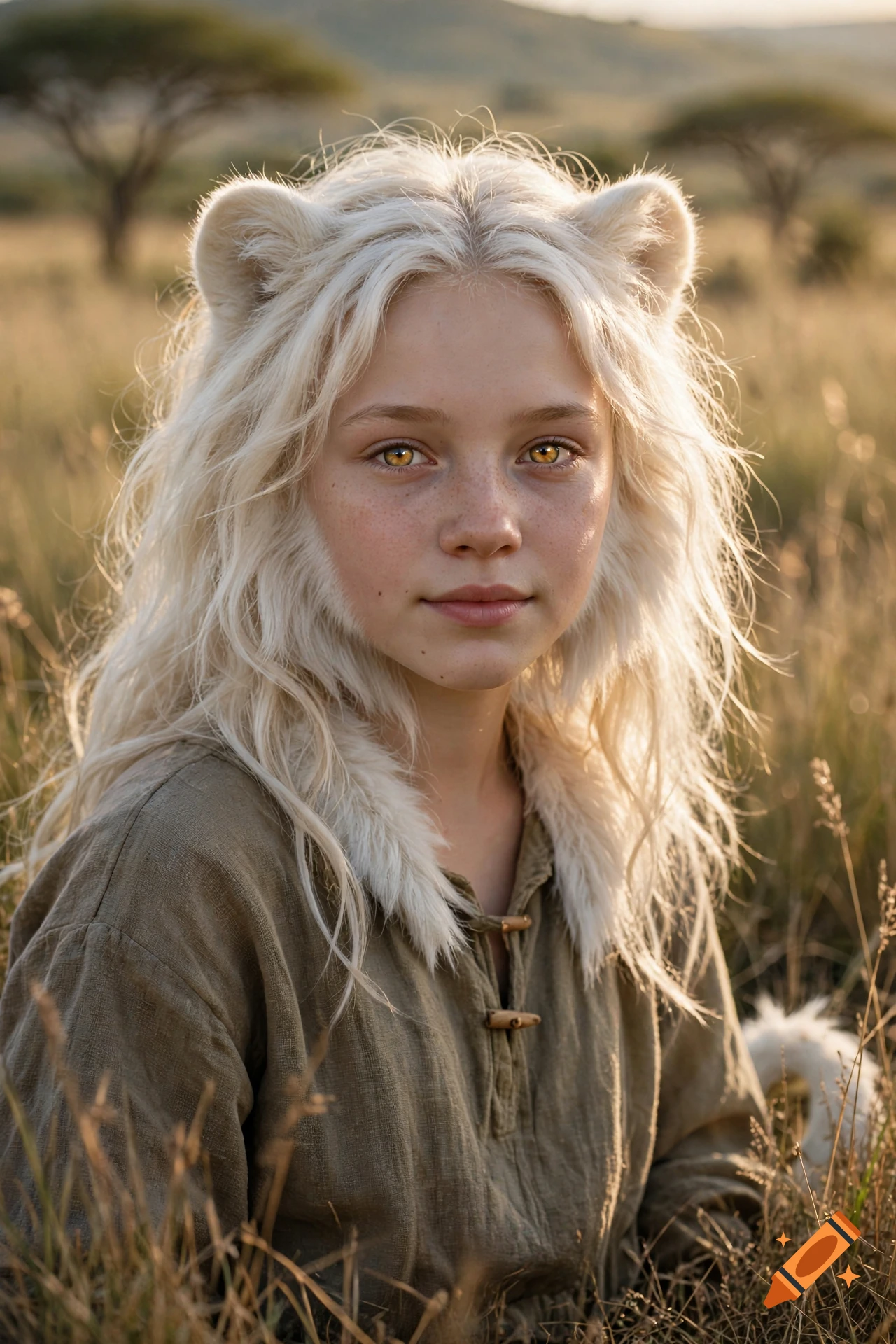 Photorealistic portrait of a young girl with white lion ears and hair, golden eyes, and freckles in a savanna setting.