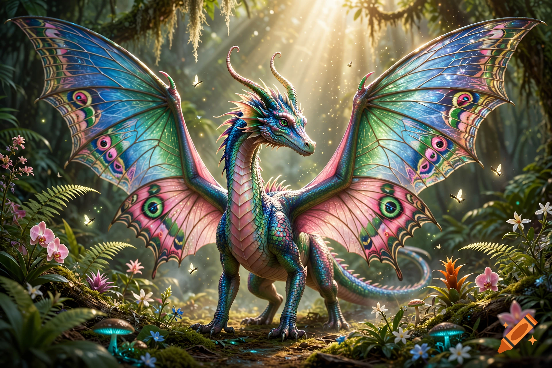 A colorful fantasy dragon with iridescent scales and butterfly wings stands in a lush, sunlit forest surrounded by flowers and glowing mushrooms.