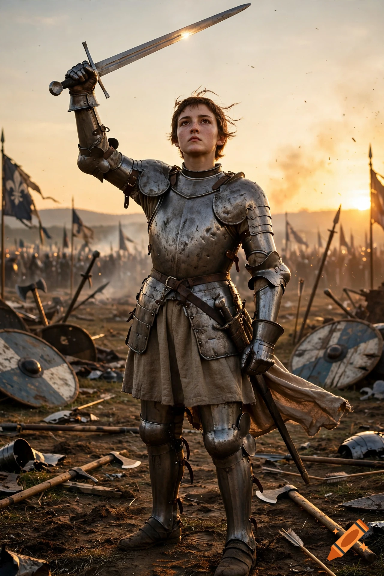 Joan of Arc in plate armor holding a sword aloft on a battlefield at sunset, photorealistic.