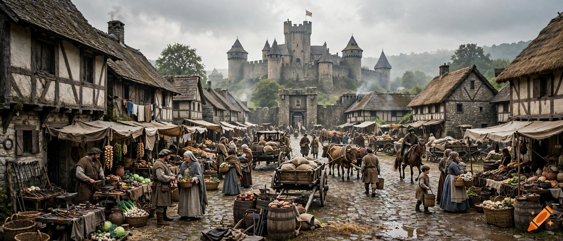A bustling medieval marketplace in a village with stalls of goods, villagers, and a large stone castle overlooking the settlement in the background.
