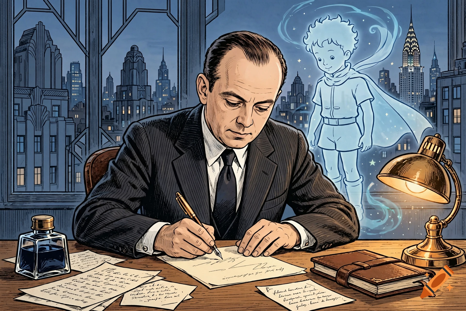 Franco-Belgian comic book style illustration of Antoine de Saint-Exupery writing at a desk with the ghost of the Little Prince behind him.