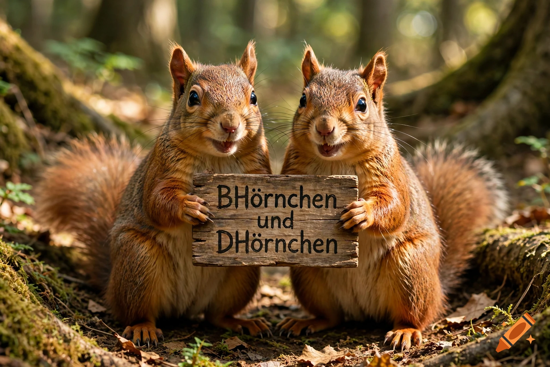 Two cute squirrels holding a wooden sign with German text in a forest setting.