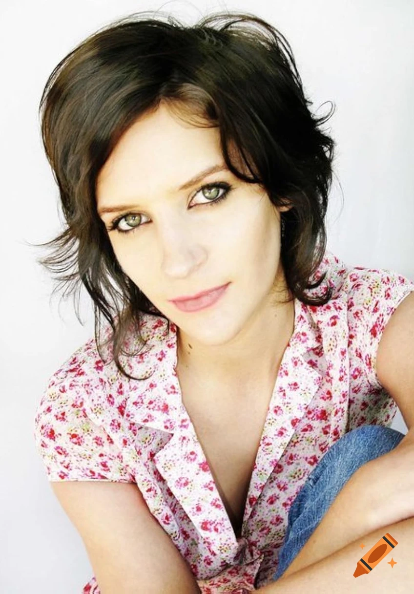 Portrait of a young woman with short dark hair and green eyes, wearing a pink floral blouse and blue jeans against a white background.