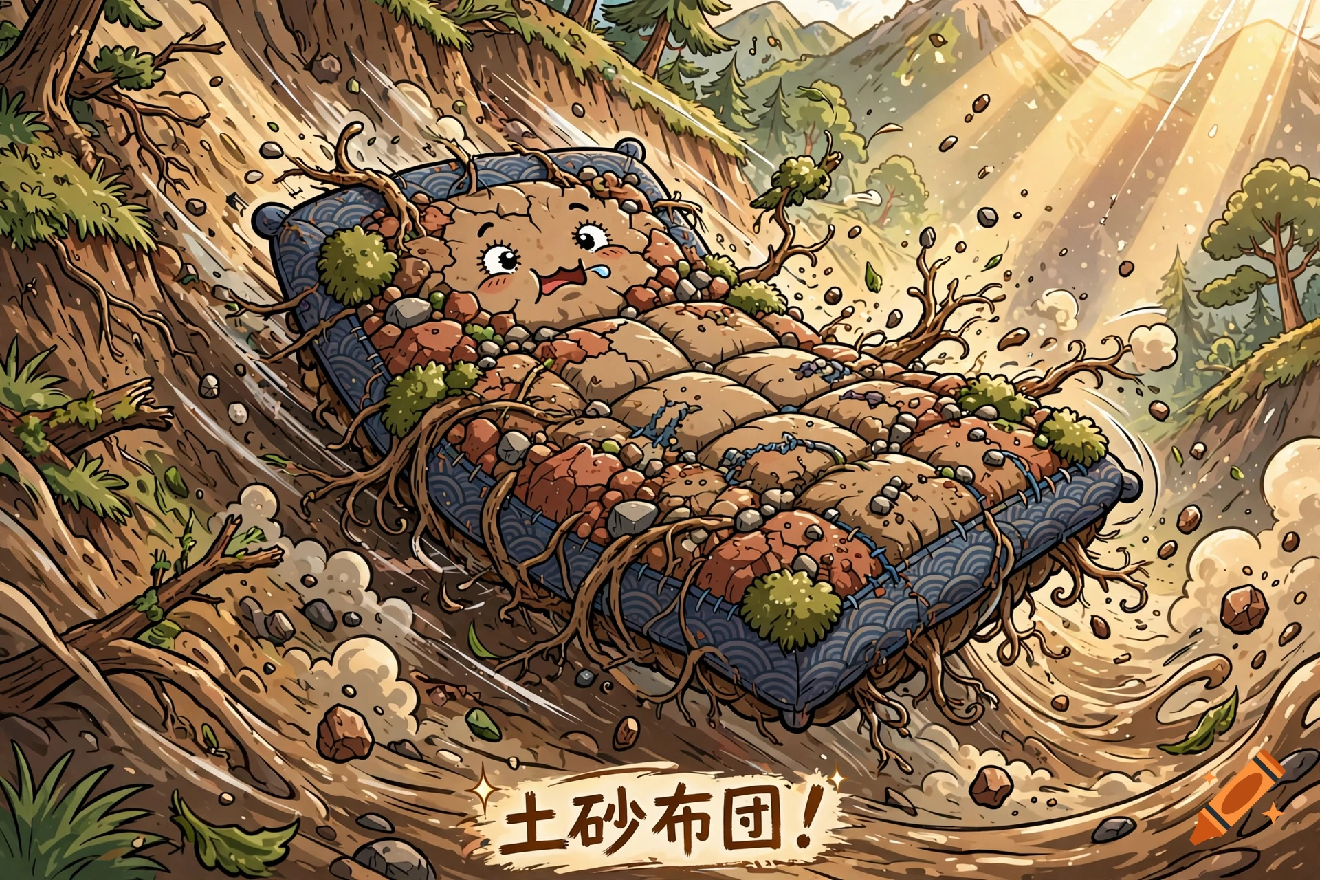 An illustrated, anthropomorphic mattress made of dirt and rocks slides rapidly down a steep hillside, with Japanese text at the bottom.