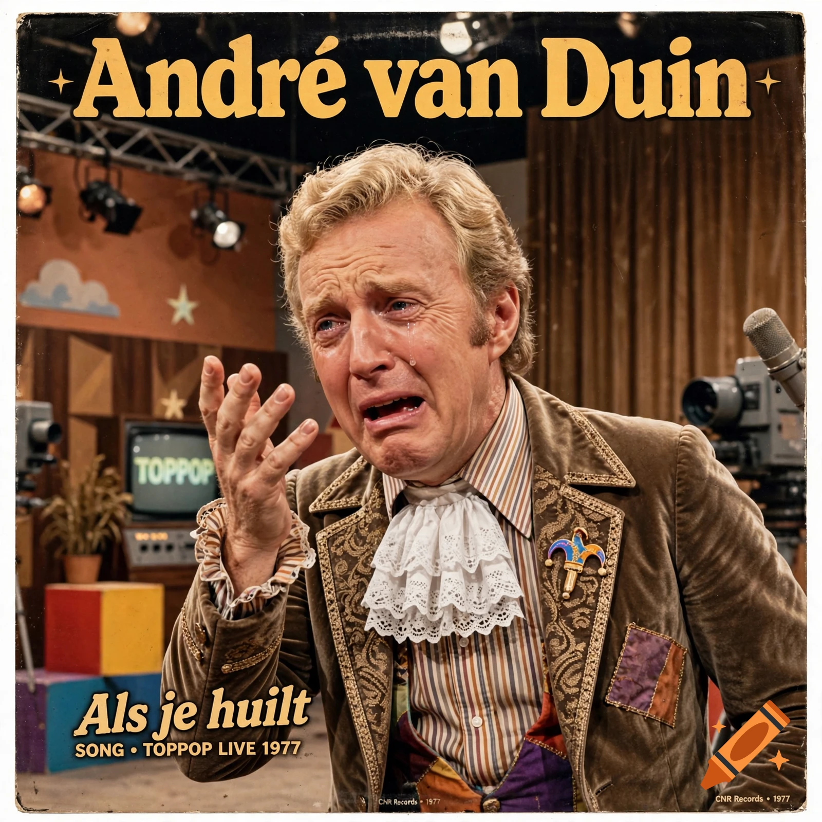 Vintage album cover featuring Dutch comedian Andre van Duin crying in a theatrical costume on a 1970s television set.