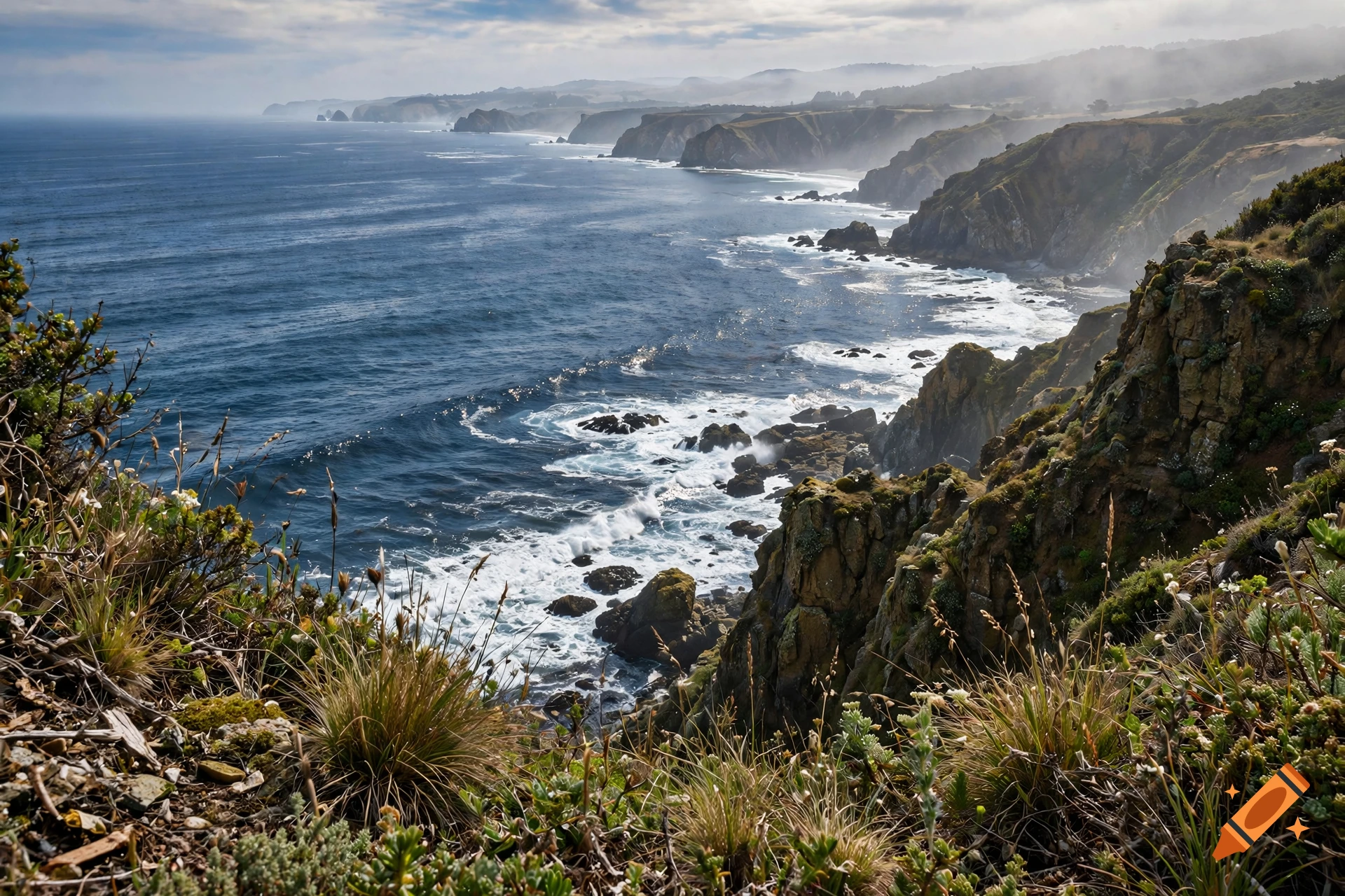 Coastal view showing rugged cliffs, crashing ocean waves, and distant misty headlands under an overcast sky.