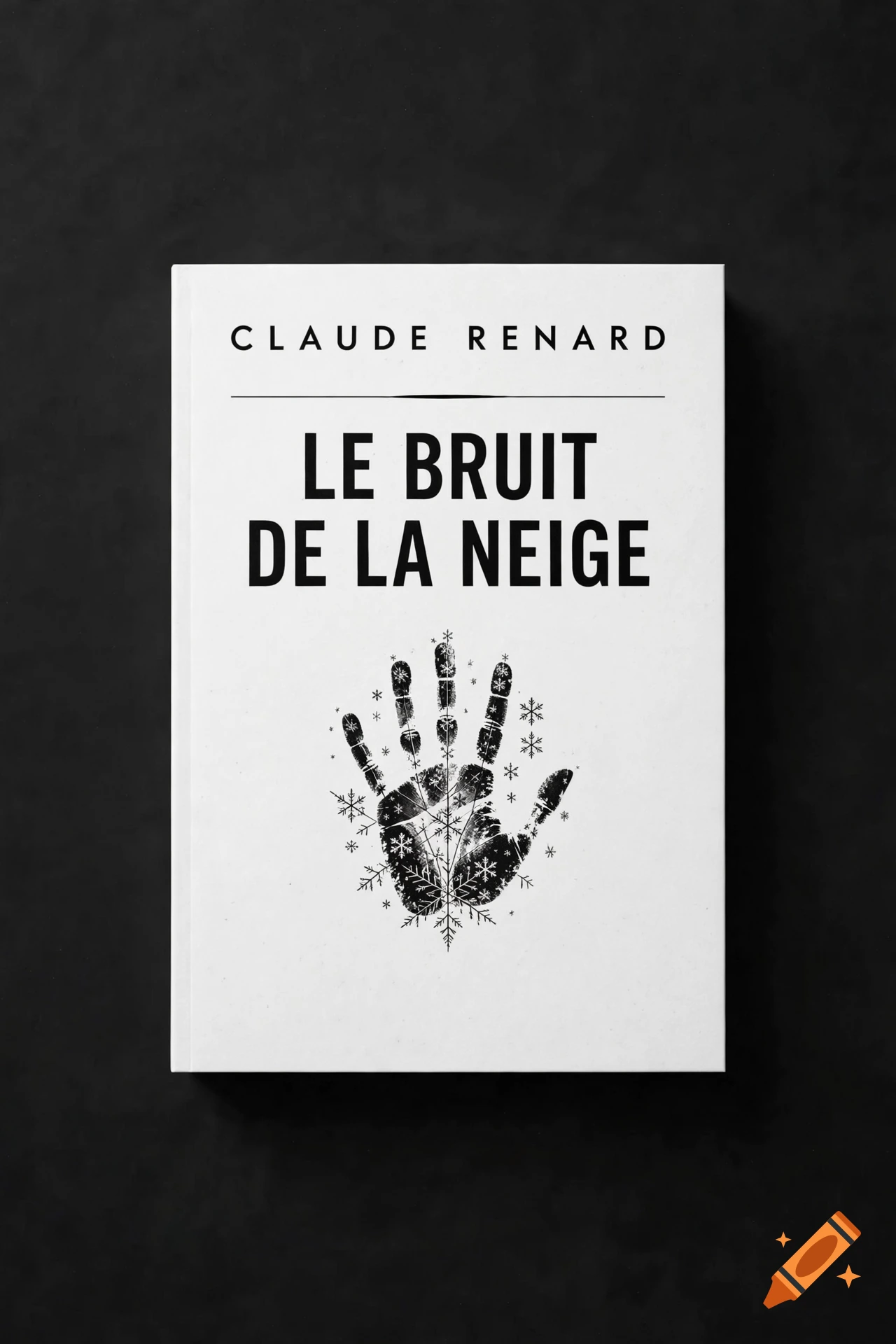 A minimalist book cover on a dark surface, featuring the title 'Le Bruit de la Neige' and a handprint design with snowflakes.
