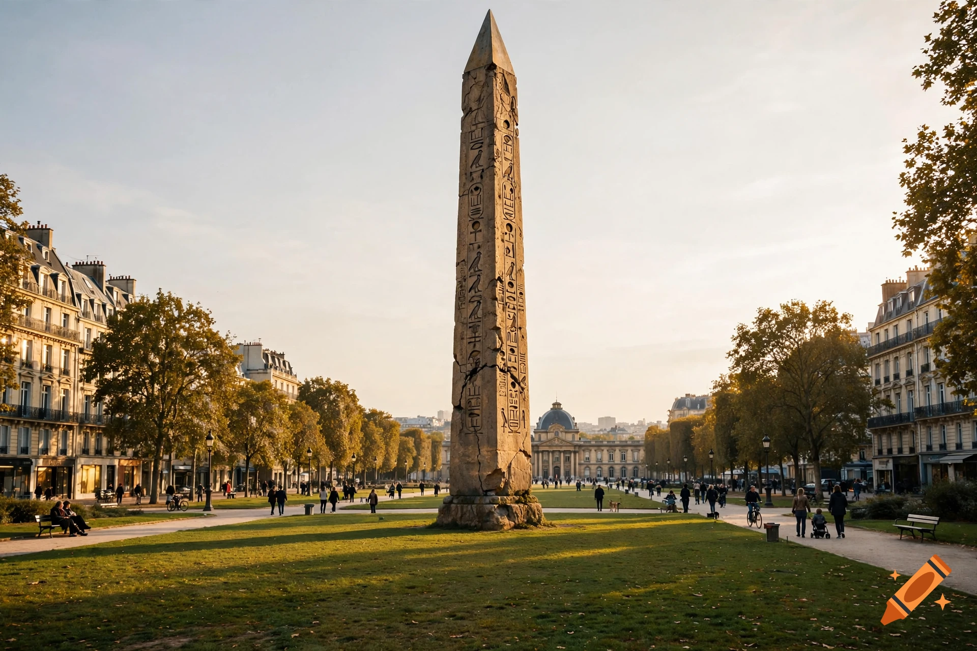 Photorealistic image of a large Egyptian obelisk with hieroglyphs standing in a public park in Paris surrounded by classical buildings and people.