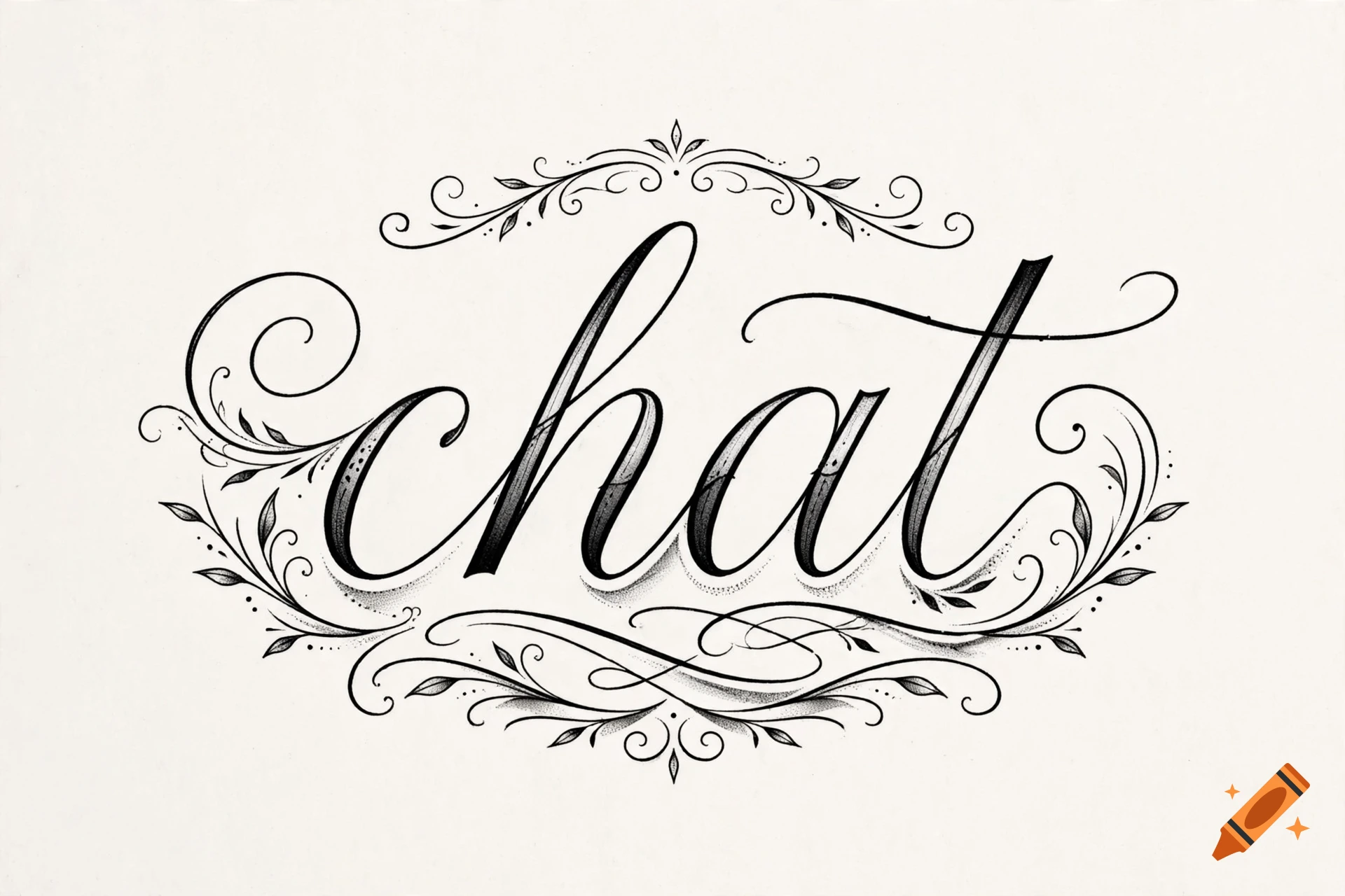 Elegant black calligraphy spelling the word chat surrounded by ornate flourishes and leaves on a light background.