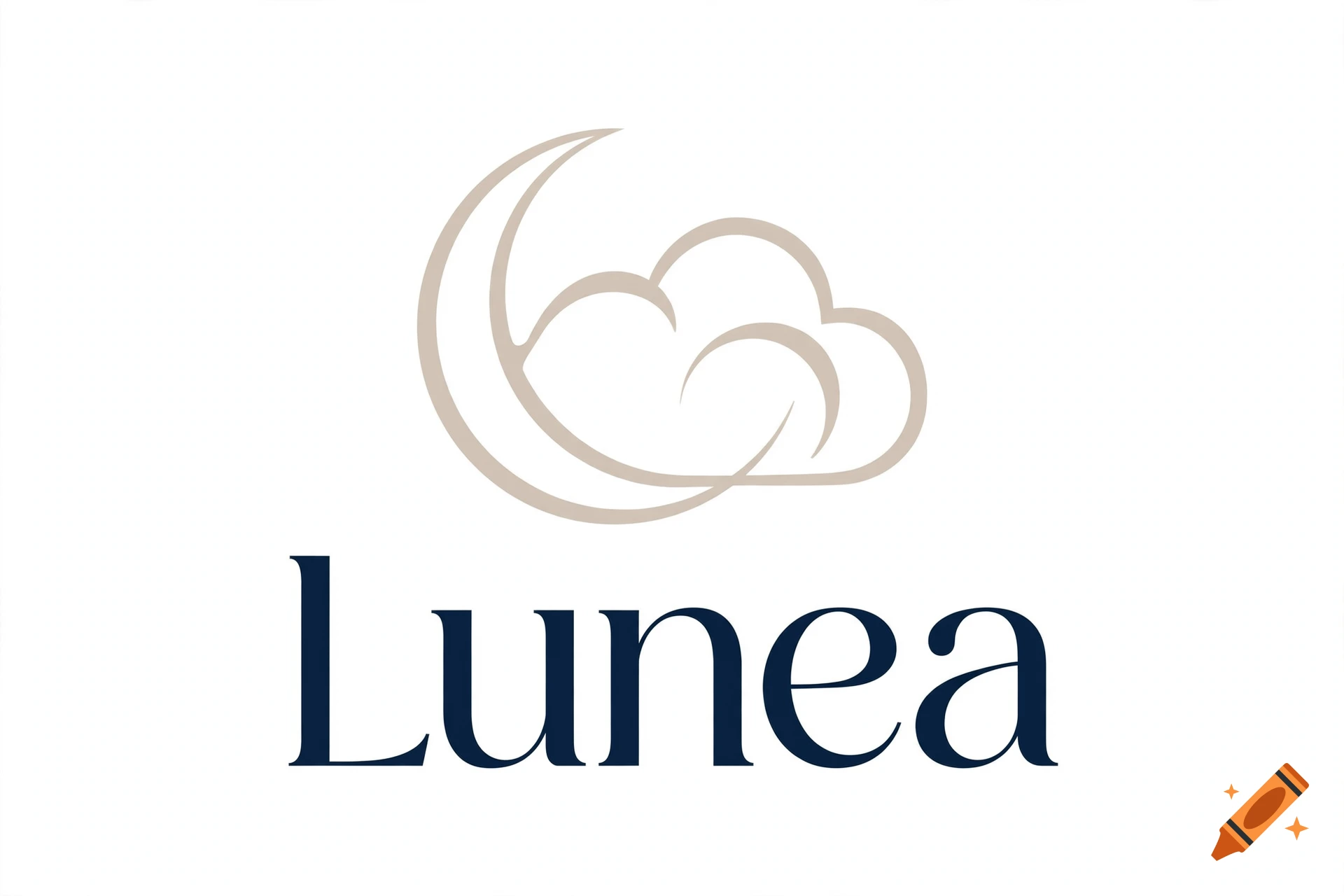 A minimalist vector logo for Lunea featuring a beige crescent moon and clouds above the text in navy blue.