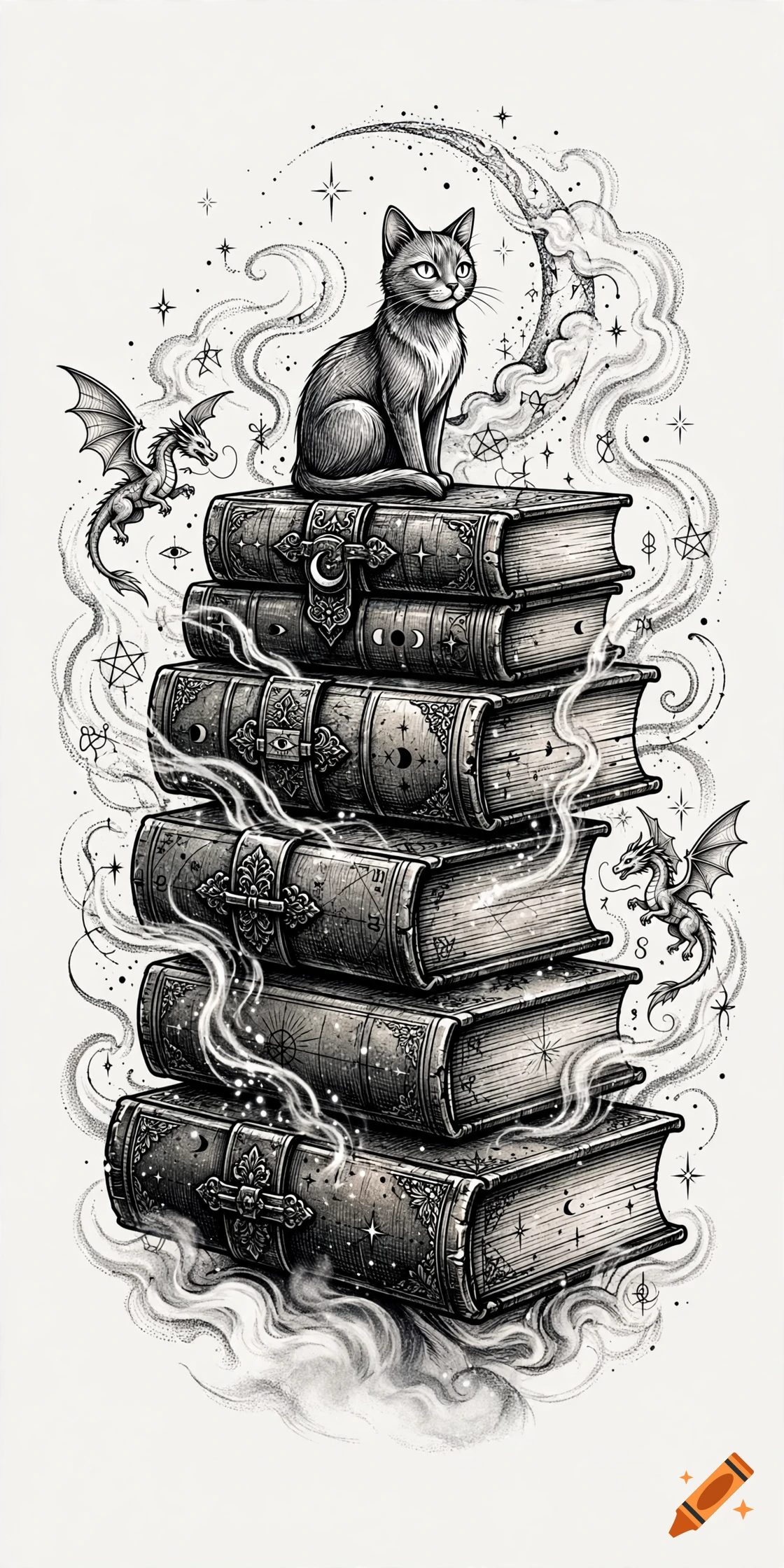 Black and white tattoo style illustration of a cat sitting on a stack of magical spellbooks with floating dragons and mystical smoke.
