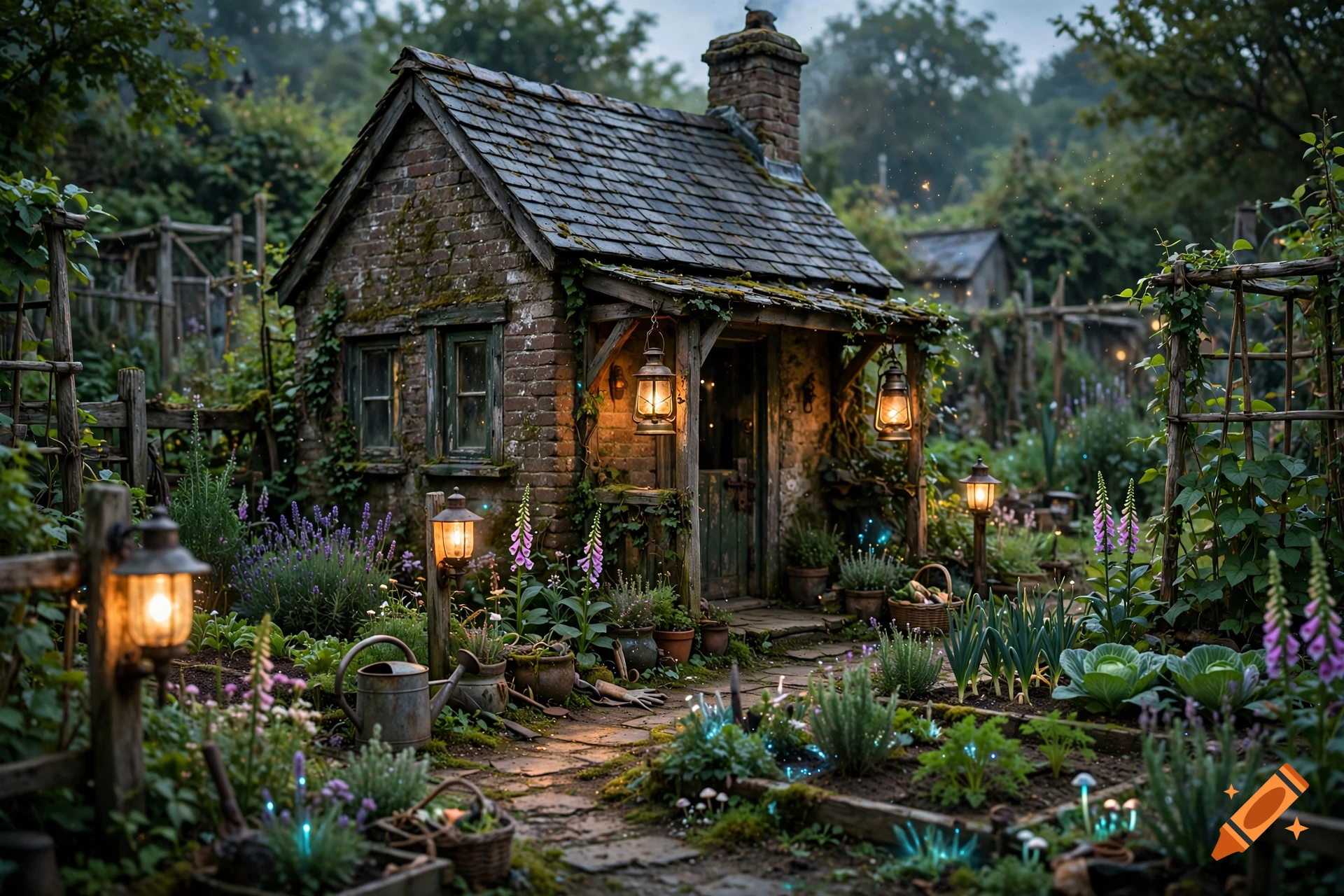 Photorealistic image of a cozy brick cottage with slate roof and glowing lanterns in a lush magical garden with glowing flowers.