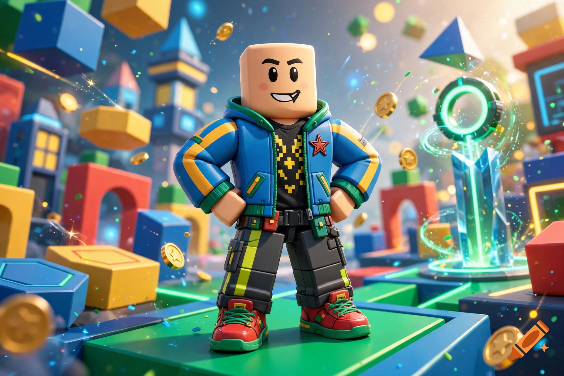 3D render of a Roblox character with a blocky head, smiling expression, and colorful jacket standing on a platform in a virtual world.