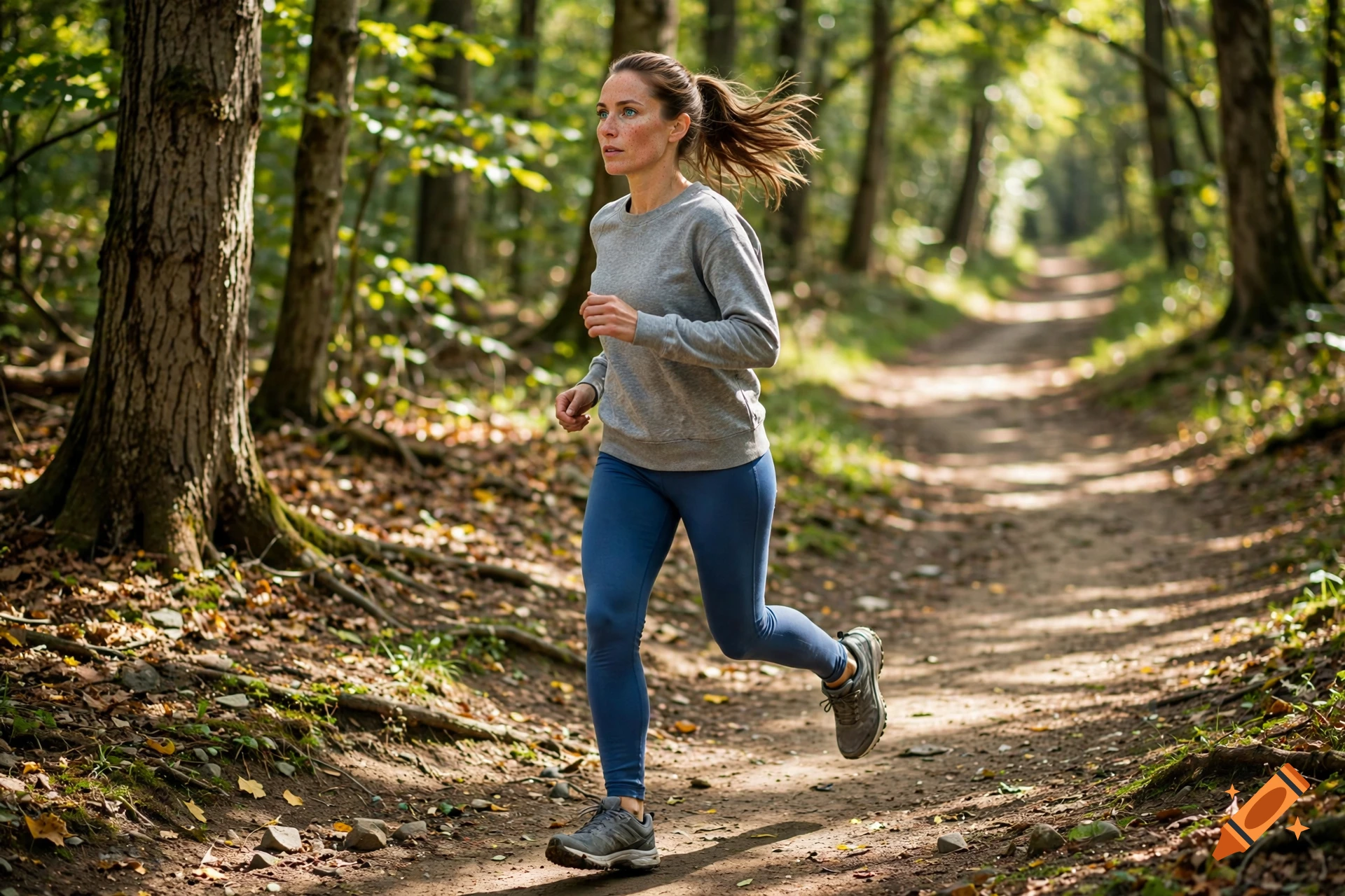 Photorealistic image of a woman jogging on a dirt path in the woods on a sunny day.