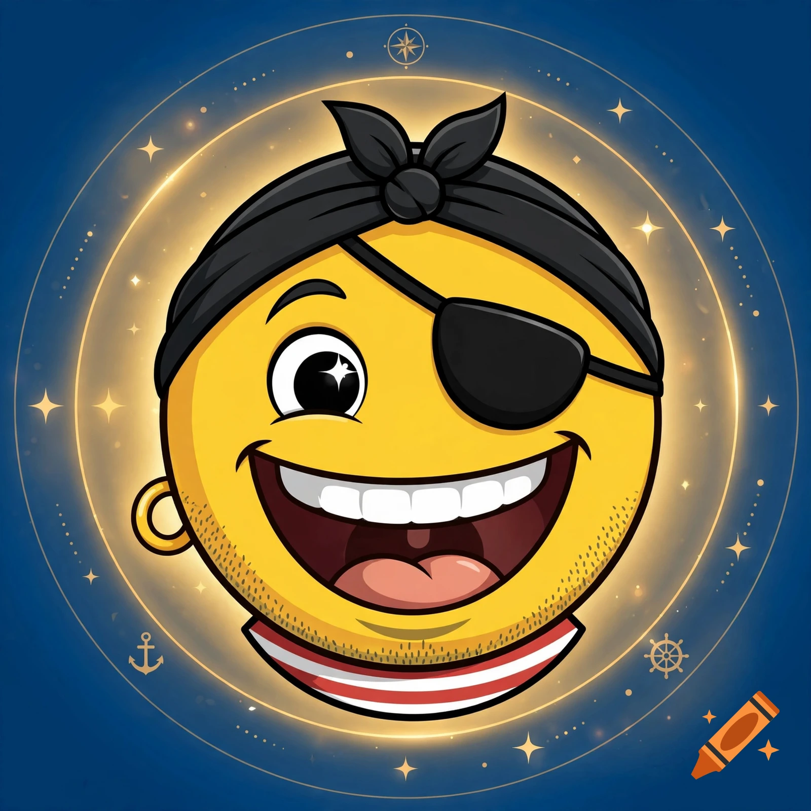 Digital illustration of a smiling yellow emoji wearing a black pirate bandana and an eyepatch.