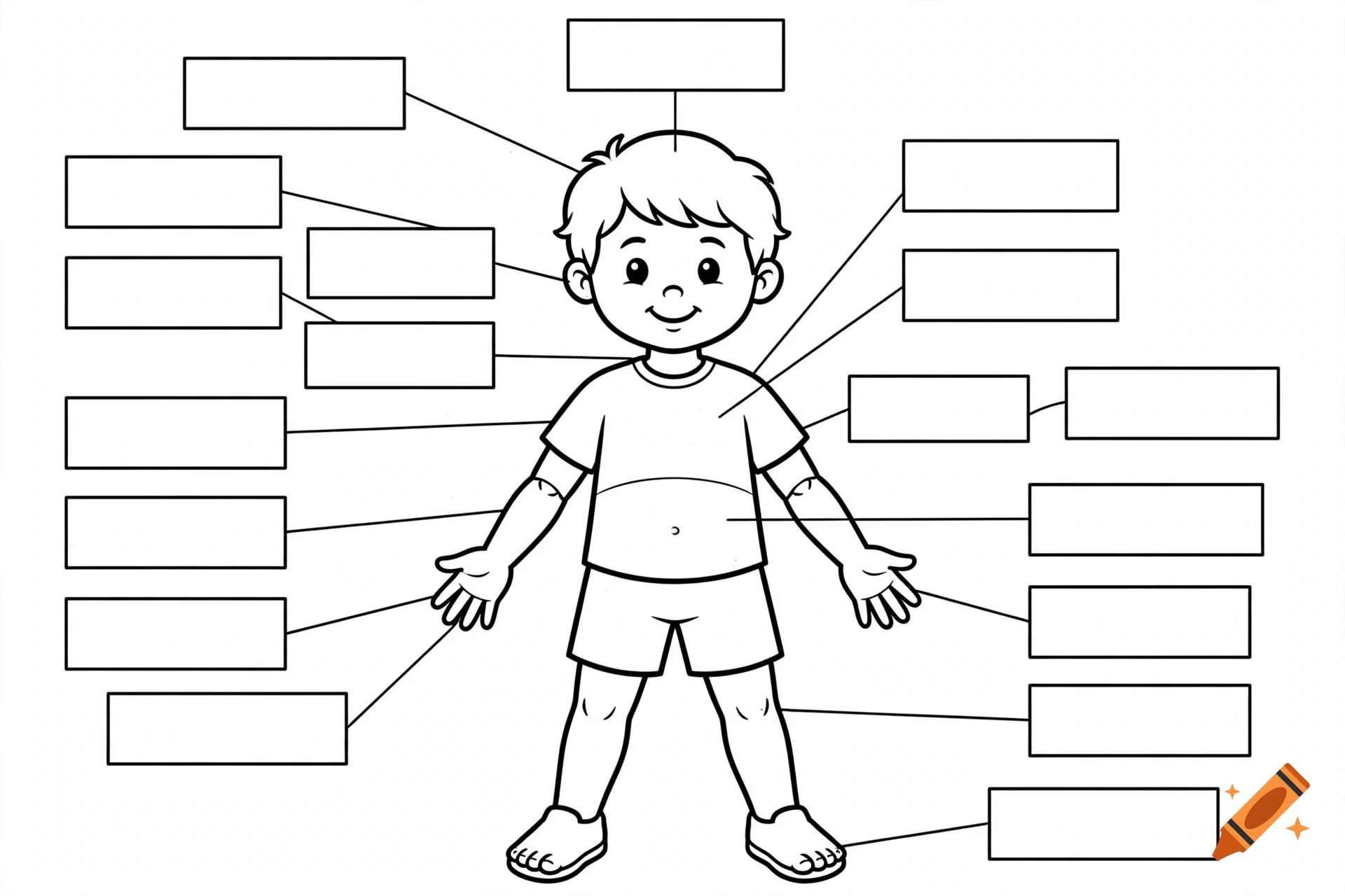 Black and white coloring page of a child with blank label boxes pointing to various body parts.