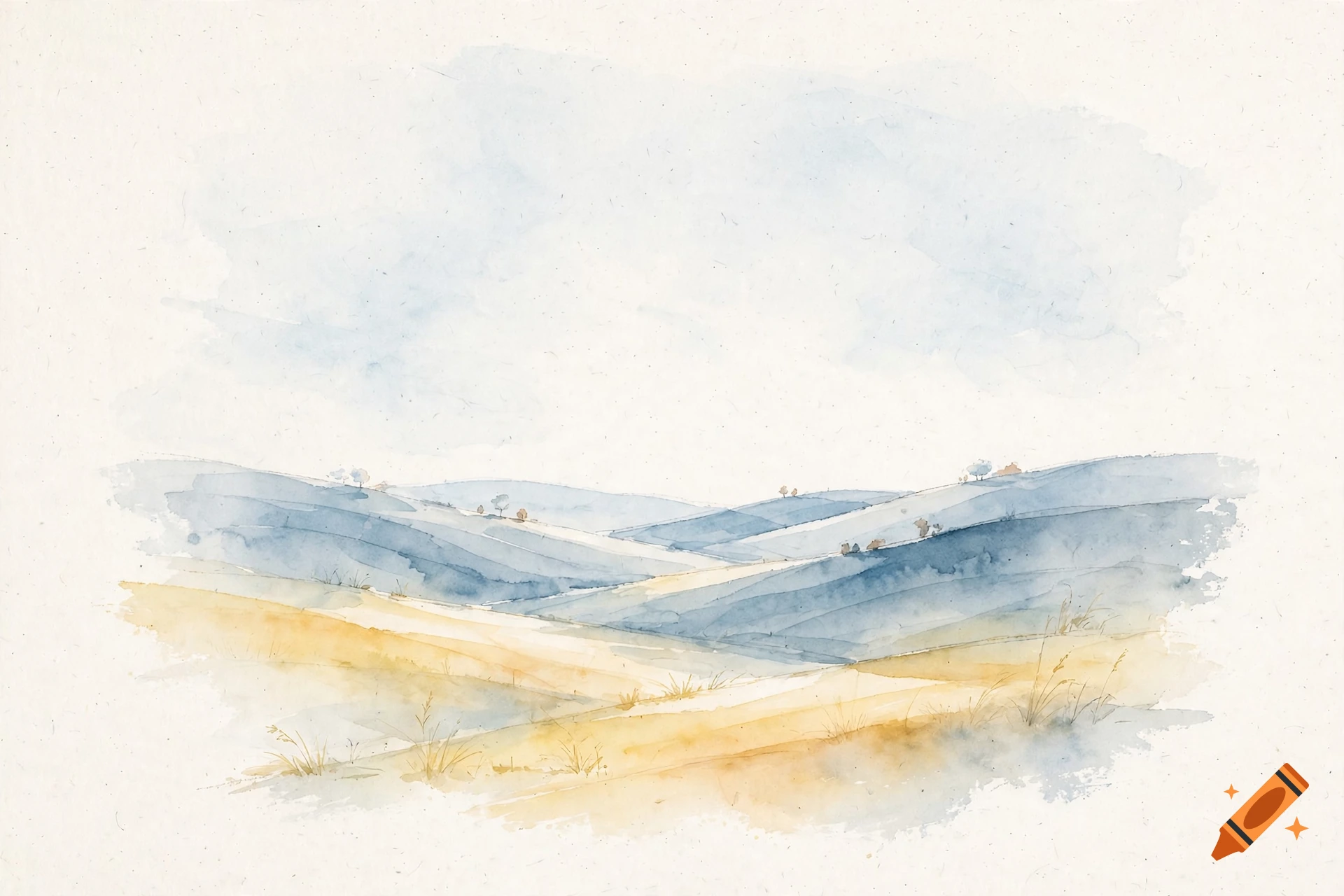 Minimalist watercolor landscape with blue rolling hills and yellow fields under a soft sky.