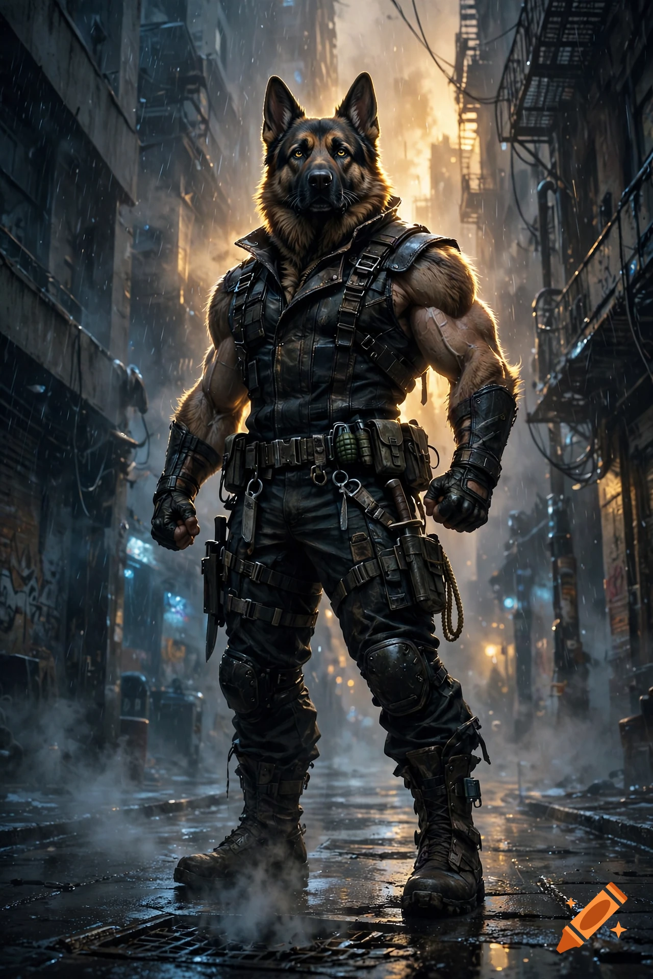 An anthropomorphic German Shepherd dogman in tactical gear standing in a rainy, gritty city alleyway.