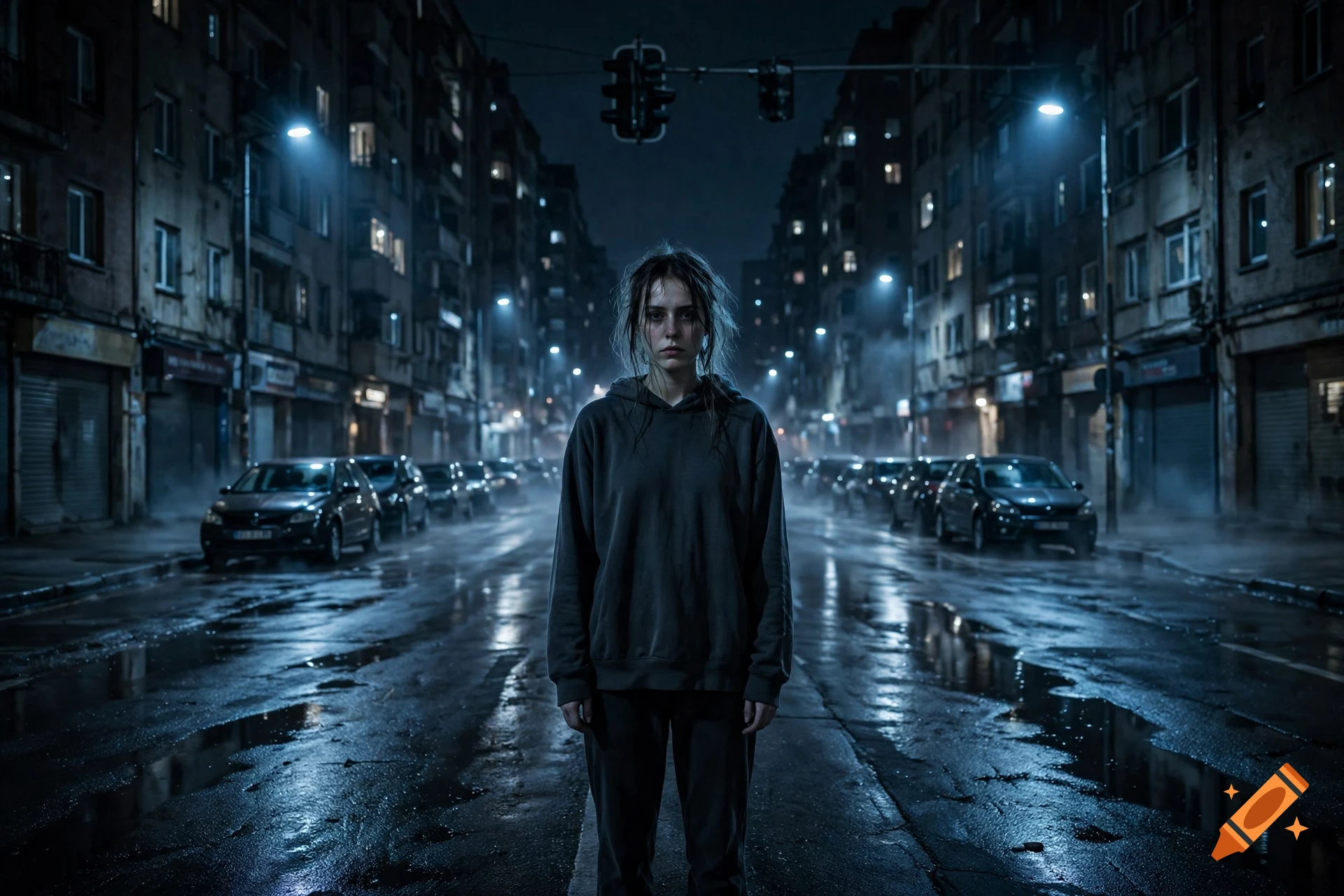 A photorealistic night scene of a young woman standing in the middle of an empty, wet street lined with buildings and parked cars under dim streetlights.