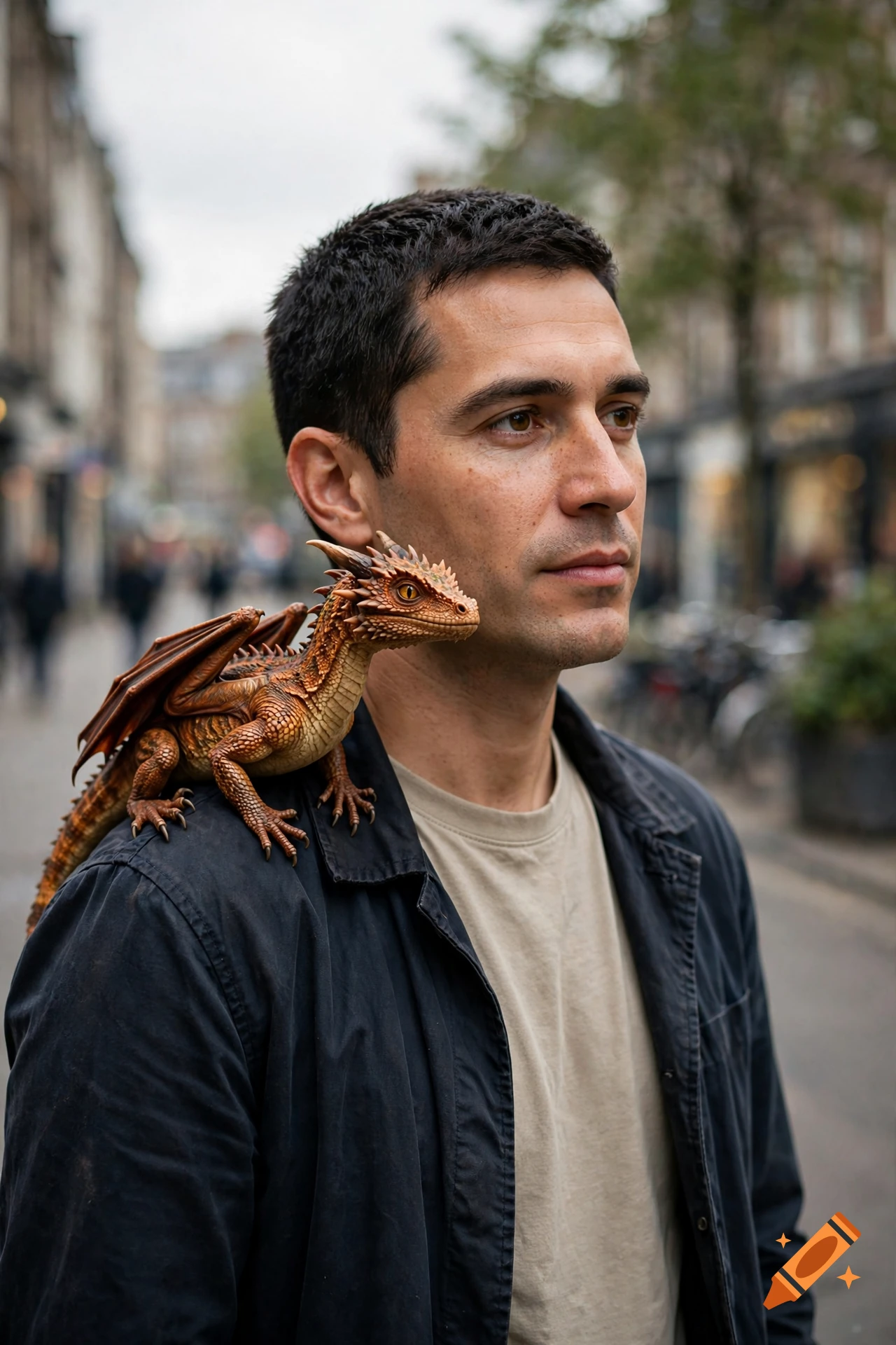 Photorealistic portrait of a man with short dark hair and a small scaled brown dragon on his shoulder, standing on a city street.