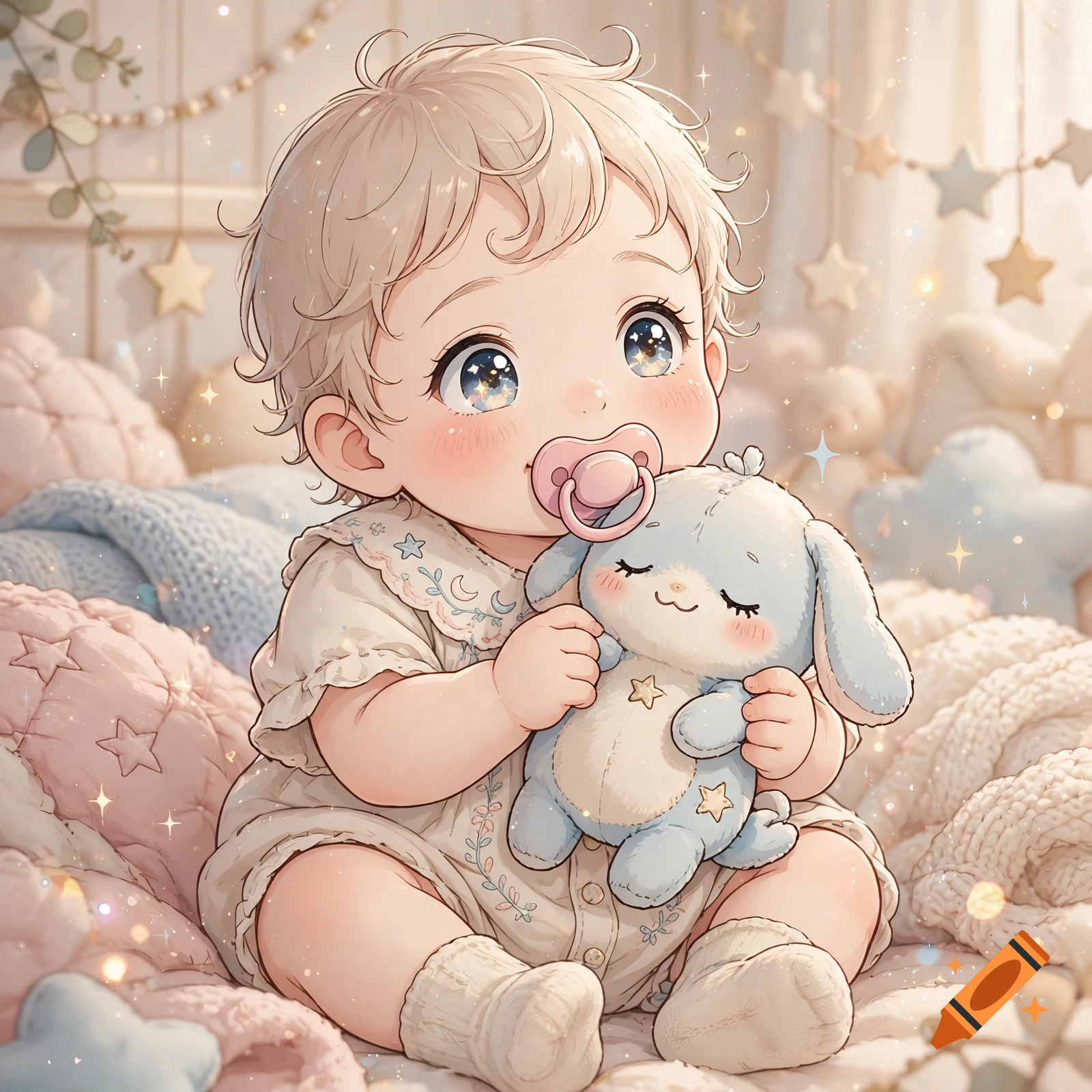 An illustration of a cute baby with blonde hair holding a pacifier and a blue plush toy in a nursery.