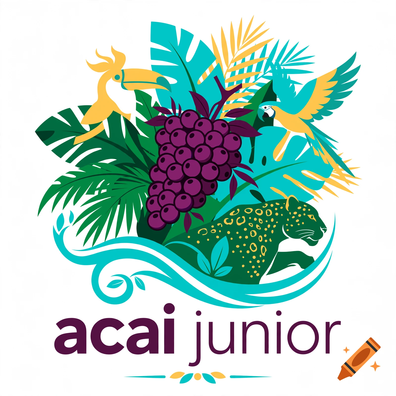 Vector logo for acai junior featuring purple açaí berries, tropical leaves, a toucan, a parrot, and a leopard in flat design style.