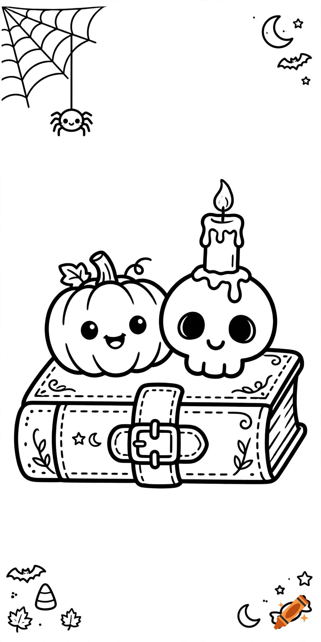 Kawaii black and white coloring page featuring a smiling pumpkin and a skull with a candle sitting on top of a spellbook, with a spiderweb in the corner.