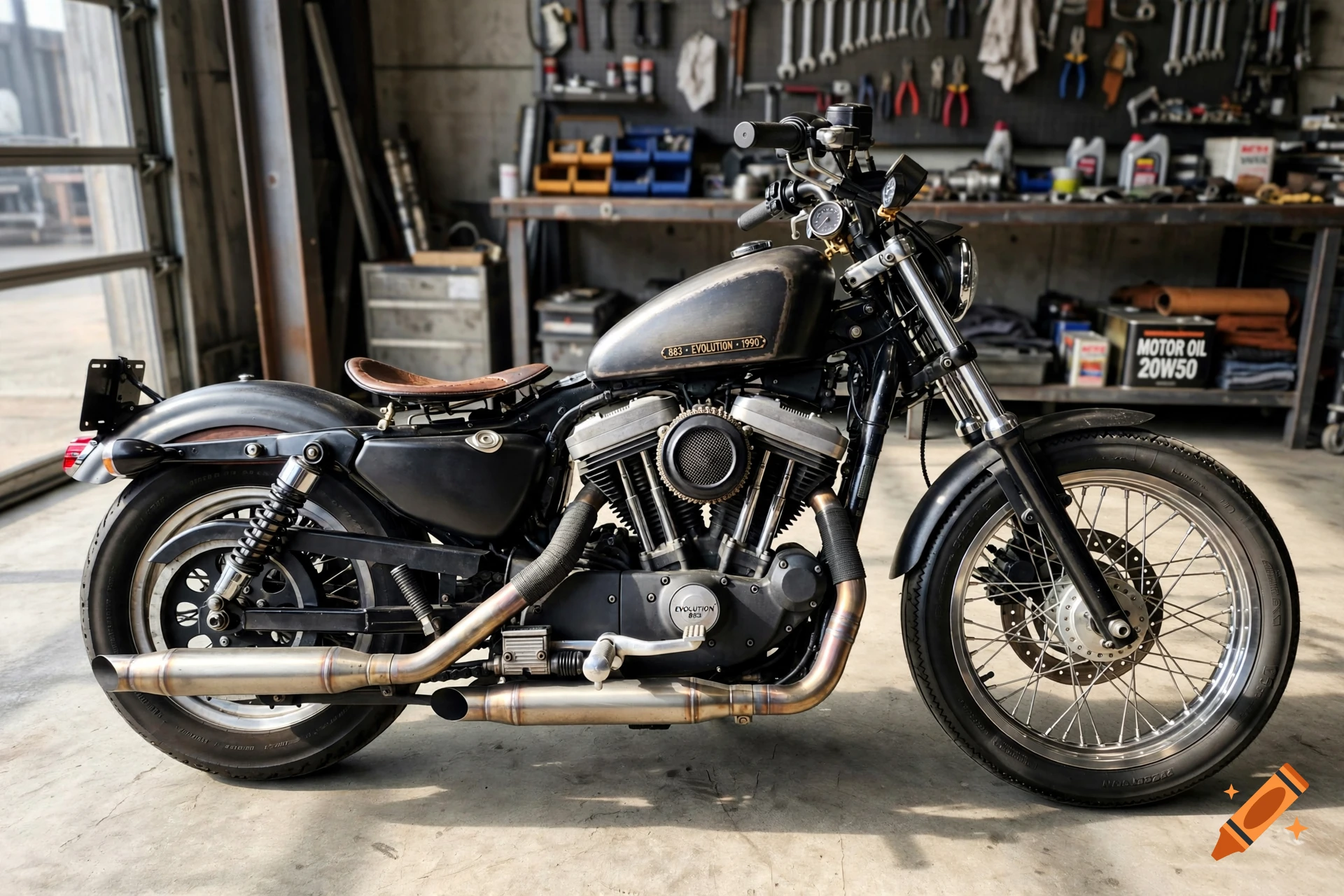 Photorealistic side view of a customized black Harley-Davidson Sportster 883 bobber motorcycle parked in a workshop.