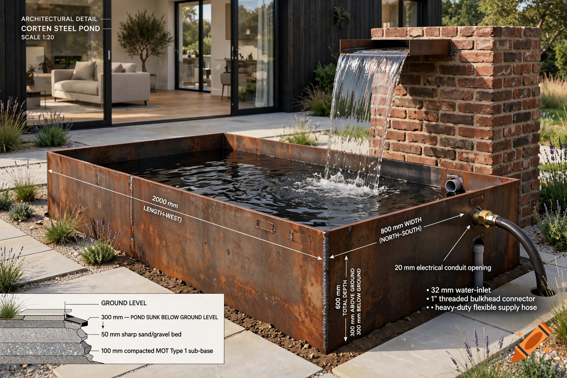 Photorealistic architectural design showing a corten steel pond and brick waterfall feature with specification text overlays.