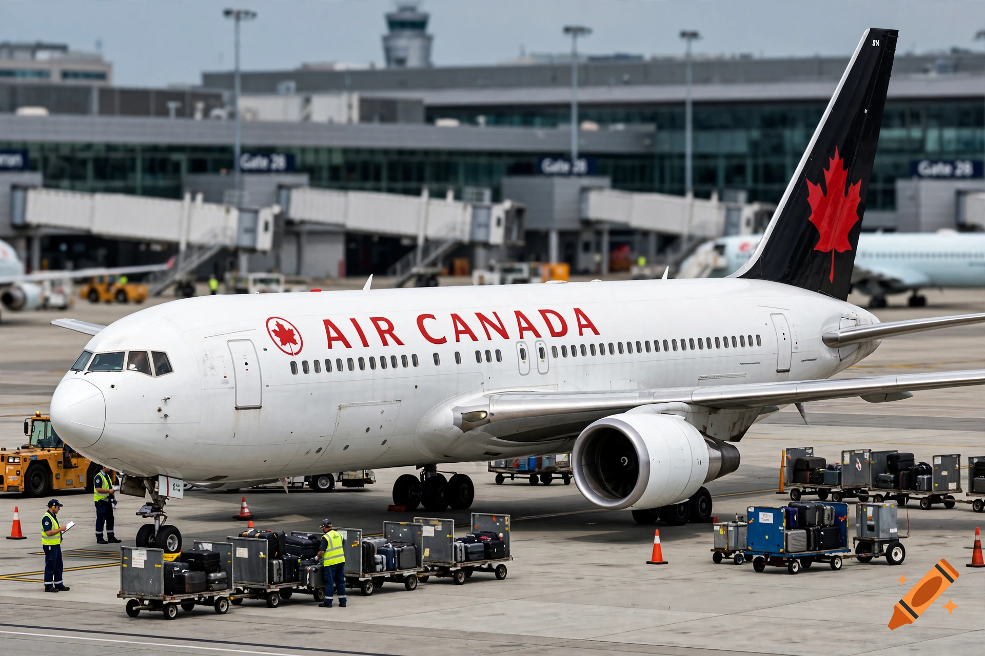 Photorealistic image of an Air Canada Boeing 767 parked at an airport gate being loaded with luggage.