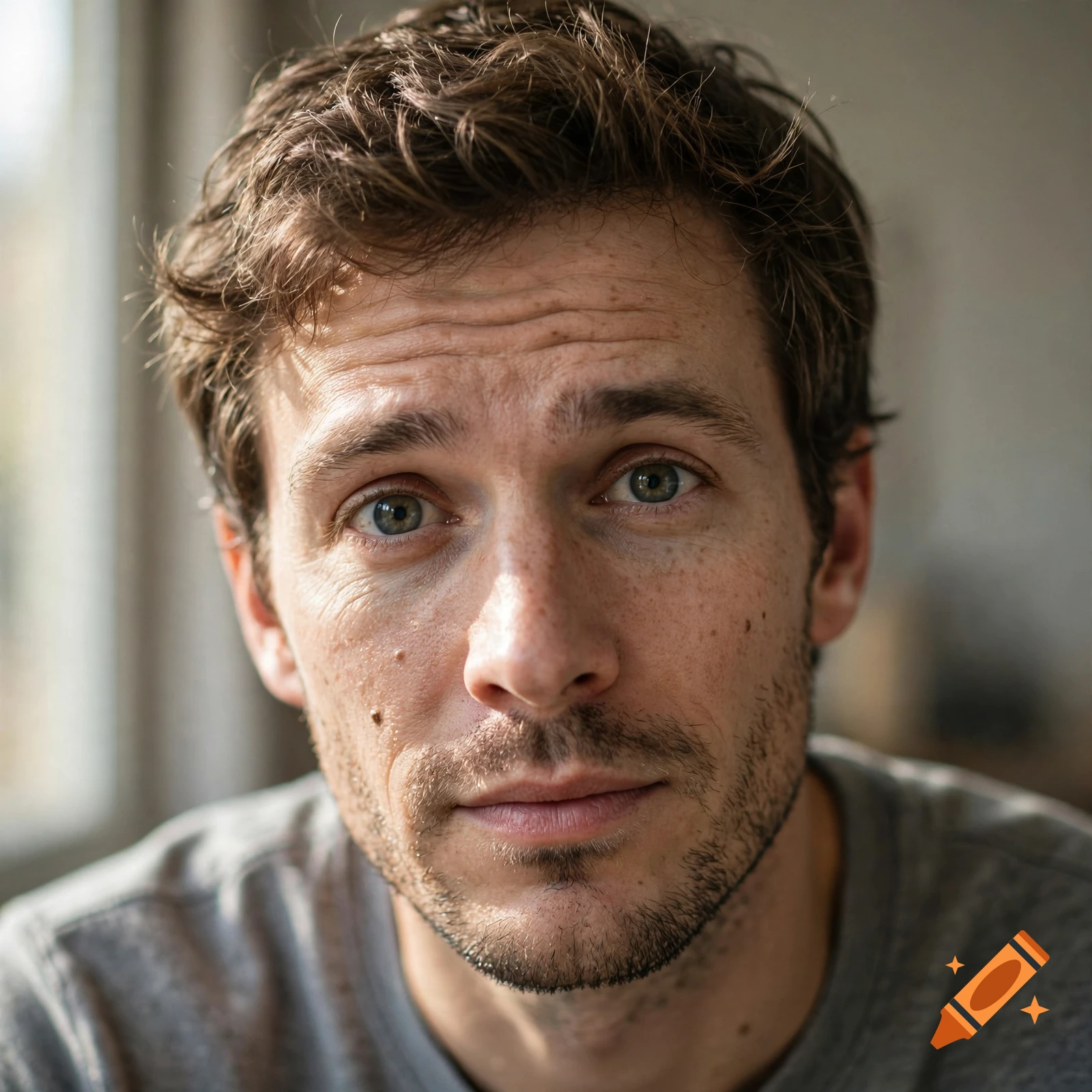 Close-up photorealistic portrait of a man with brown hair and stubble, looking thoughtfully at the camera.