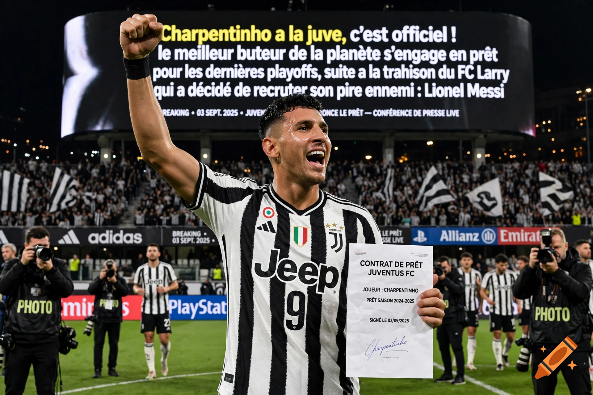 A photorealistic soccer player in a Juventus jersey celebrating with a raised fist and holding a contract document in a stadium.