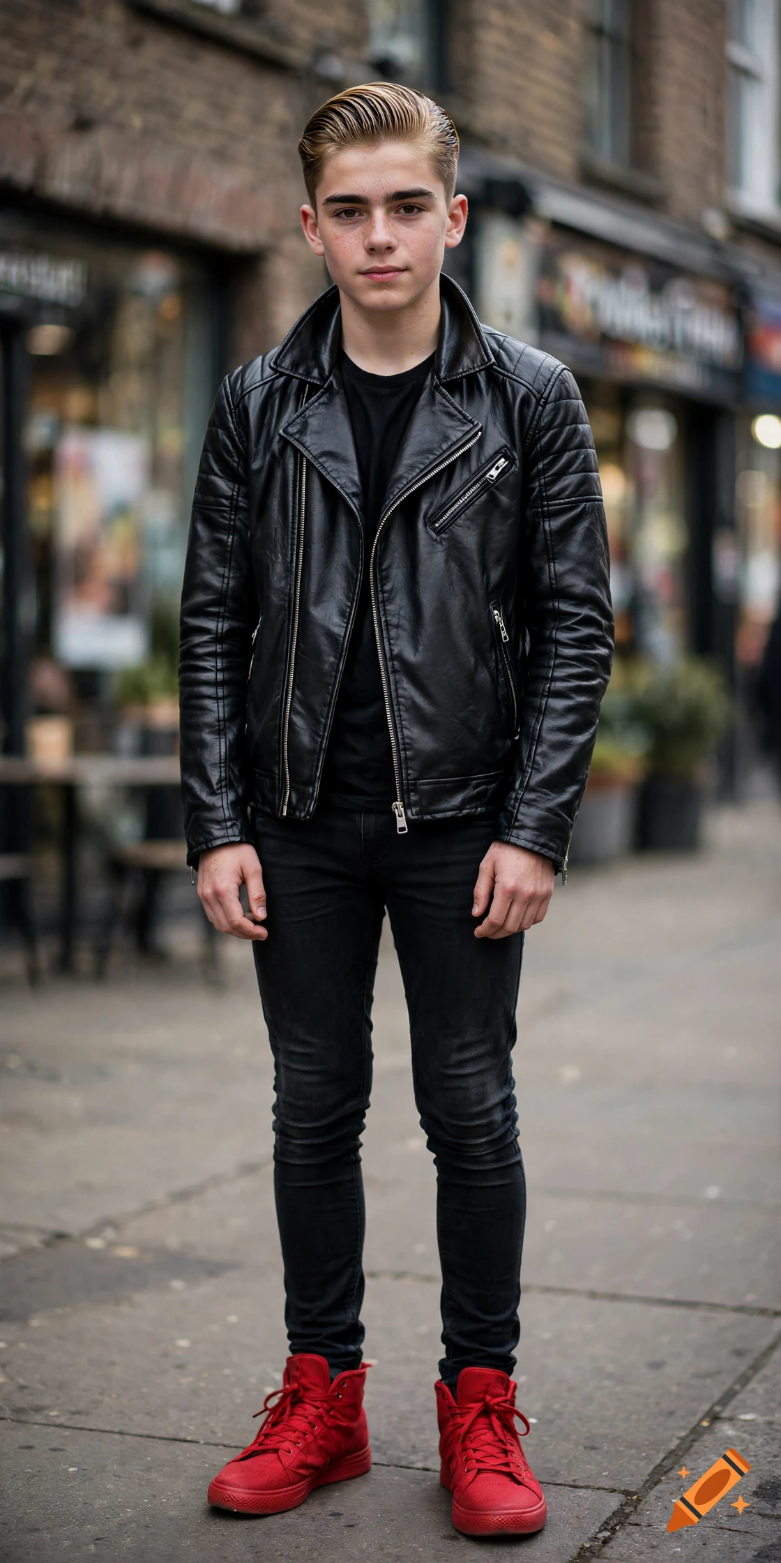 Photorealistic full-body shot of a teenage boy with an undercut hairstyle, wearing a black leather jacket, skinny jeans, and red sneakers on a city street.