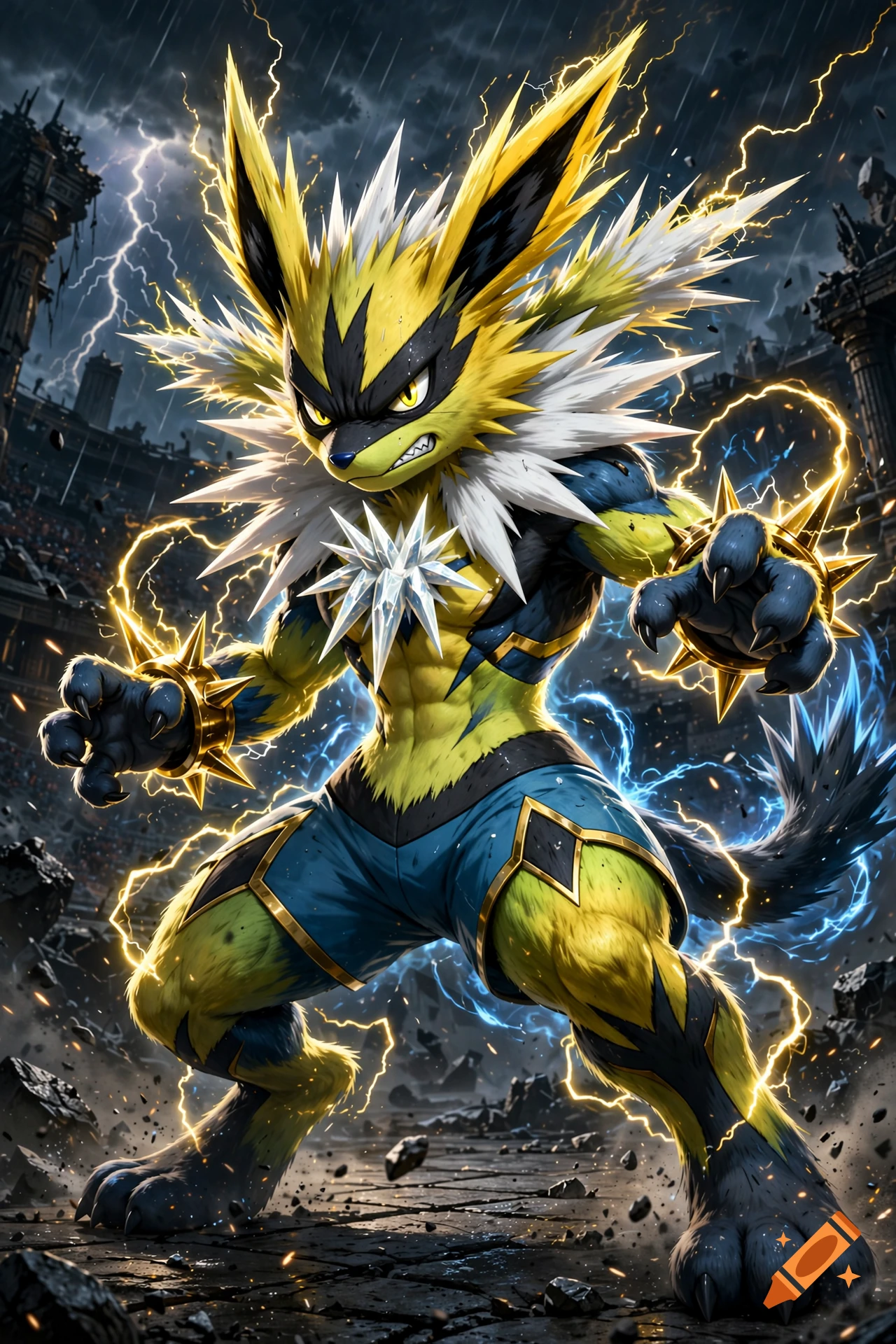 An electric and fighting type Pokemon fusion resembling a bipedal wolf with jagged yellow and blue fur, glowing eyes, and lightning.