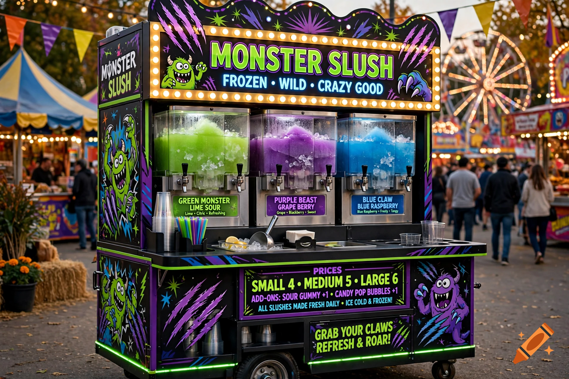 Photorealistic image of a colorful monster slush stand at a fairground with neon signs and three large drink dispensers.
