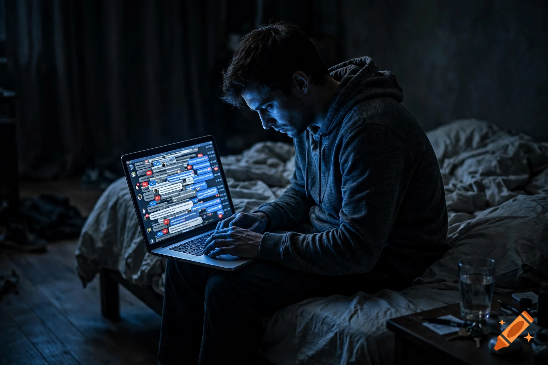 Photorealistic scene of a lone man sitting in a dark bedroom, illuminated by the blue glow of a laptop screen filled with chat messages.