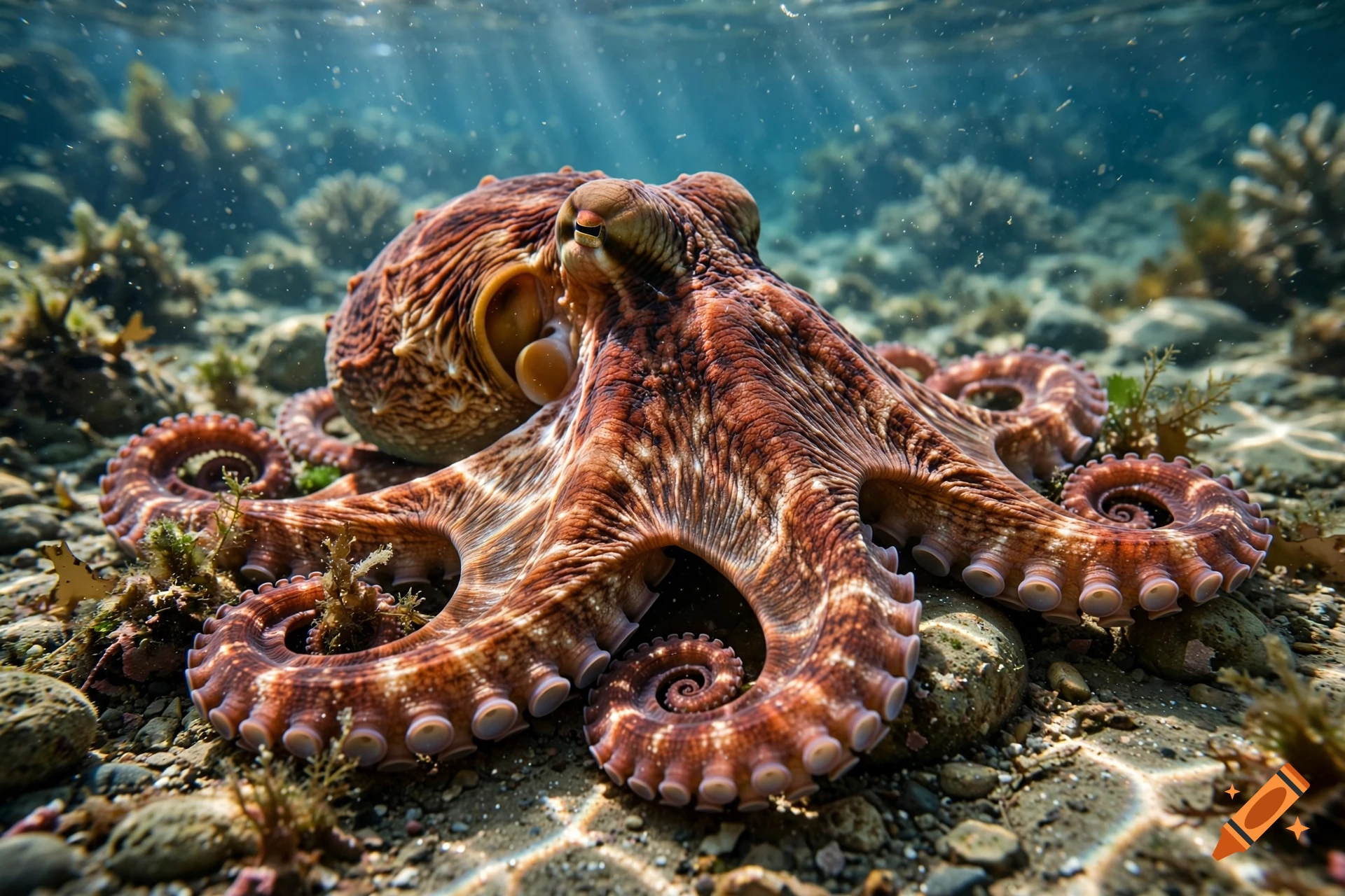Close-up photorealistic underwater shot of a brown octopus resting on a rocky seabed with sun rays filtering through the water.
