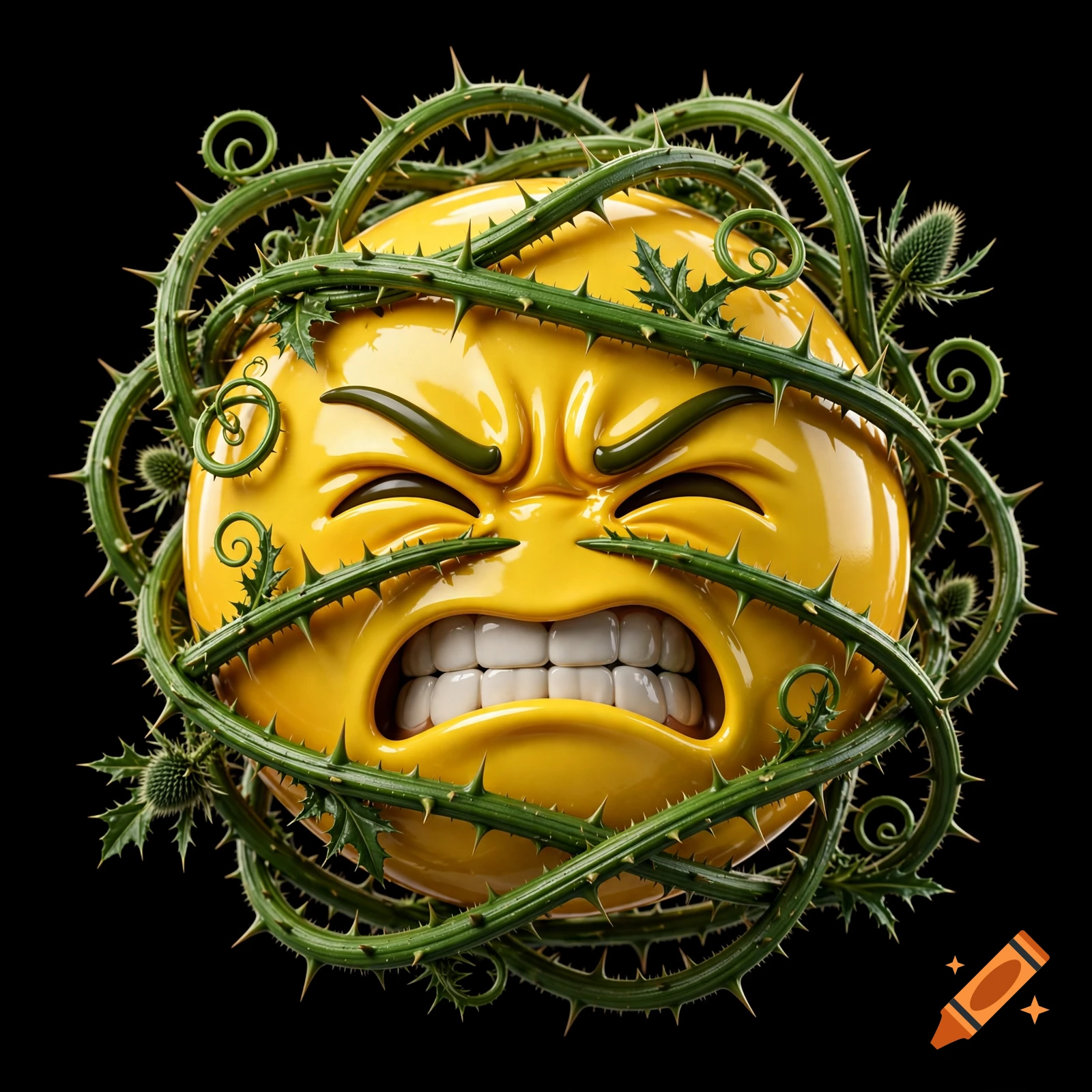 A glossy 3D yellow emoji with an angry, in pain expression, tightly wrapped in thorny green vines against a black background.