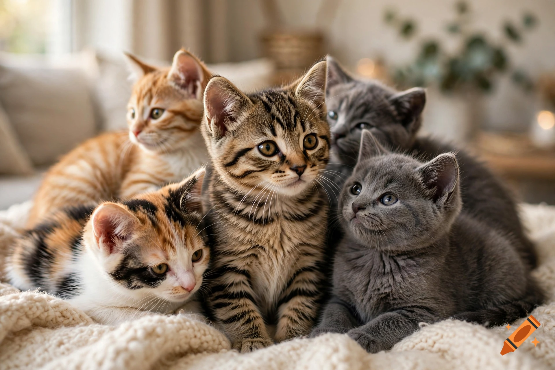 Photorealistic image of five diverse kittens cuddling together on a soft, knitted white blanket.