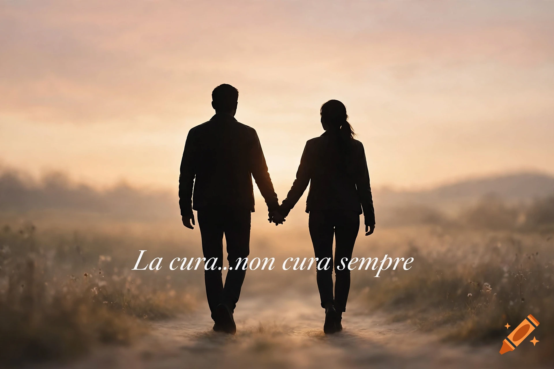 Silhouette of a couple holding hands walking down a path at sunset, with Italian text overlay reading La cura...non cura sempre.