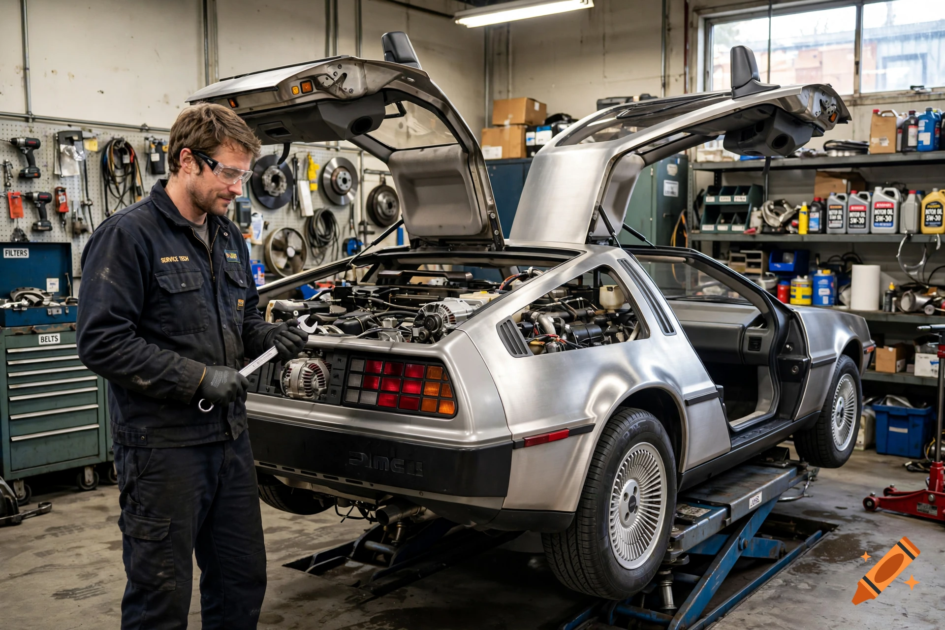 A mechanic in a workshop working on the engine of a DeLorean car with gull-wing doors open, photorealistic.