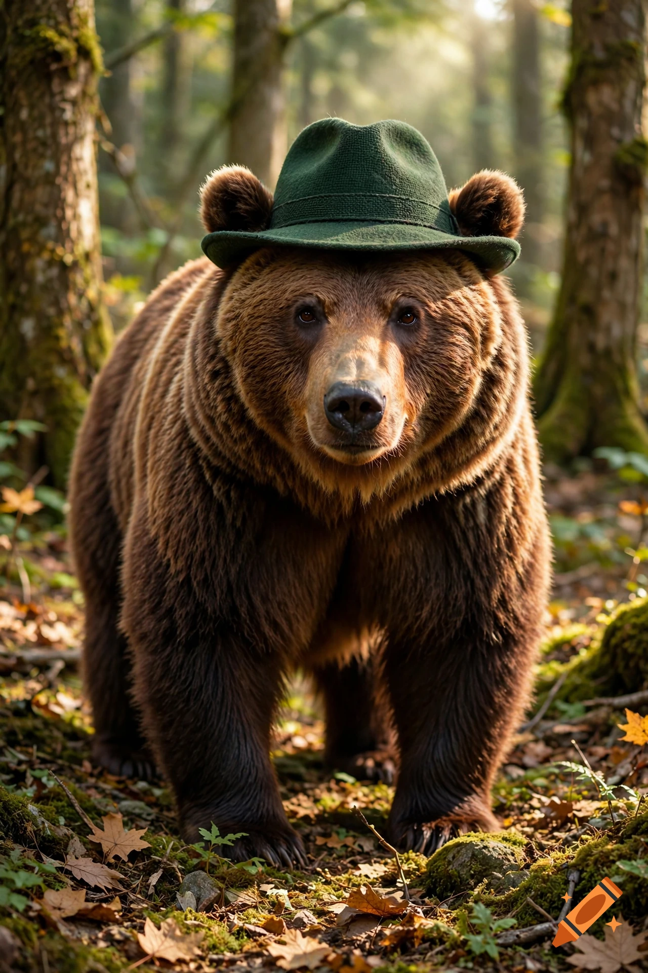 Photorealistic close-up of a brown bear standing in a forest, wearing a green felt hat.