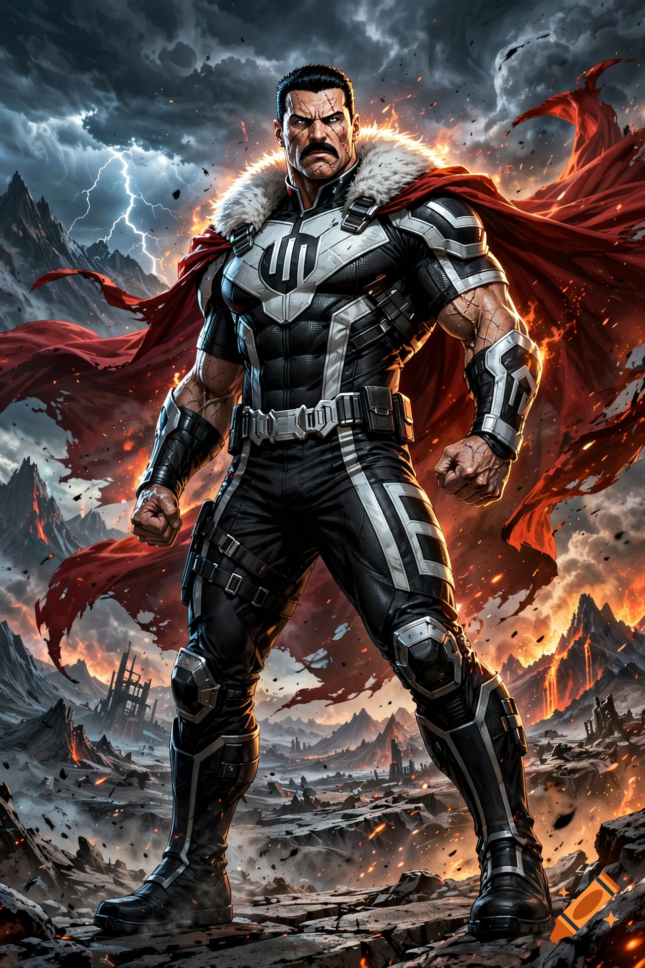 Digital illustration of a muscular comic book villain with a mustache and cape standing amidst a desolate, fiery mountainous landscape.