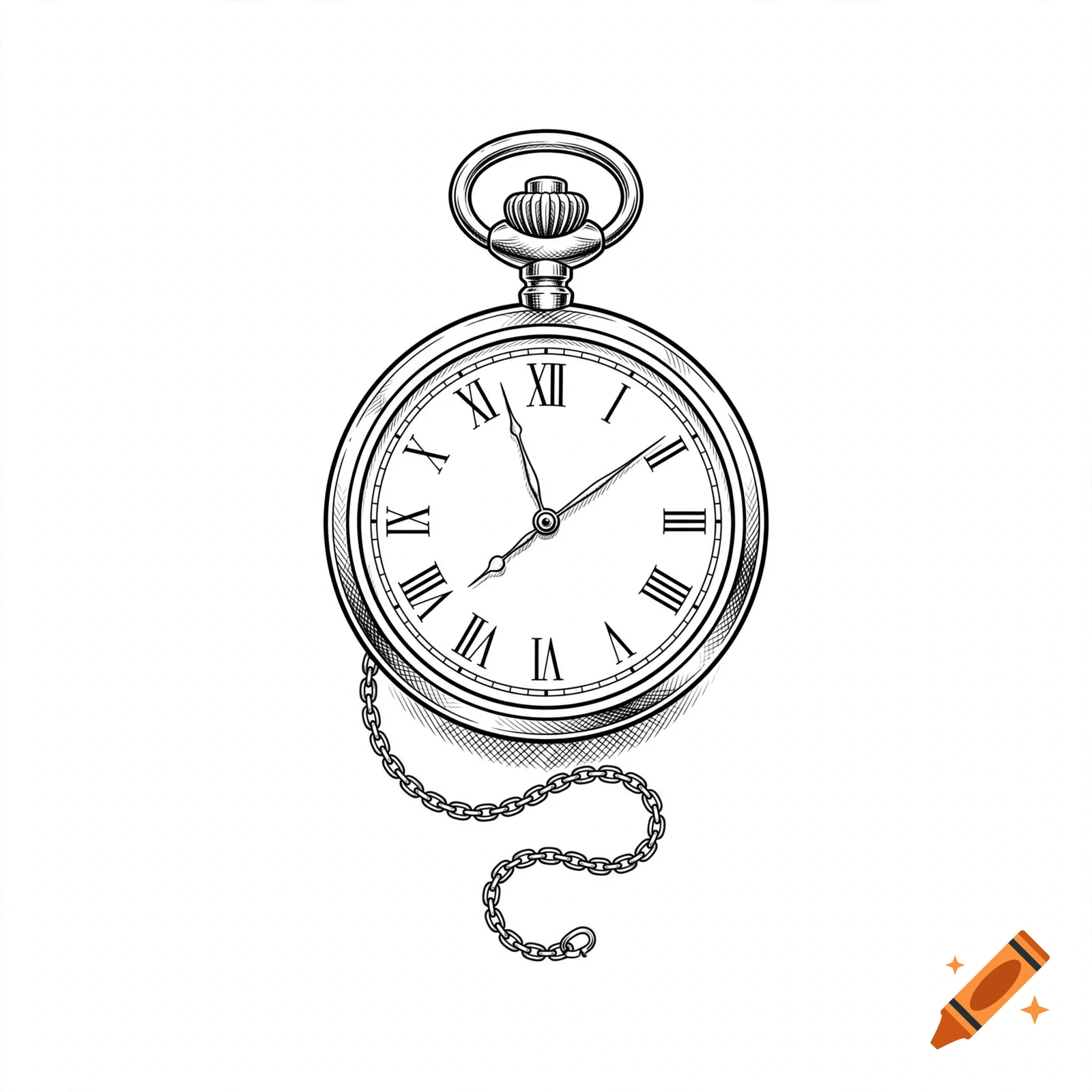 Black and white ink drawing of a pocket watch with Roman numerals and a chain, minimalist style.