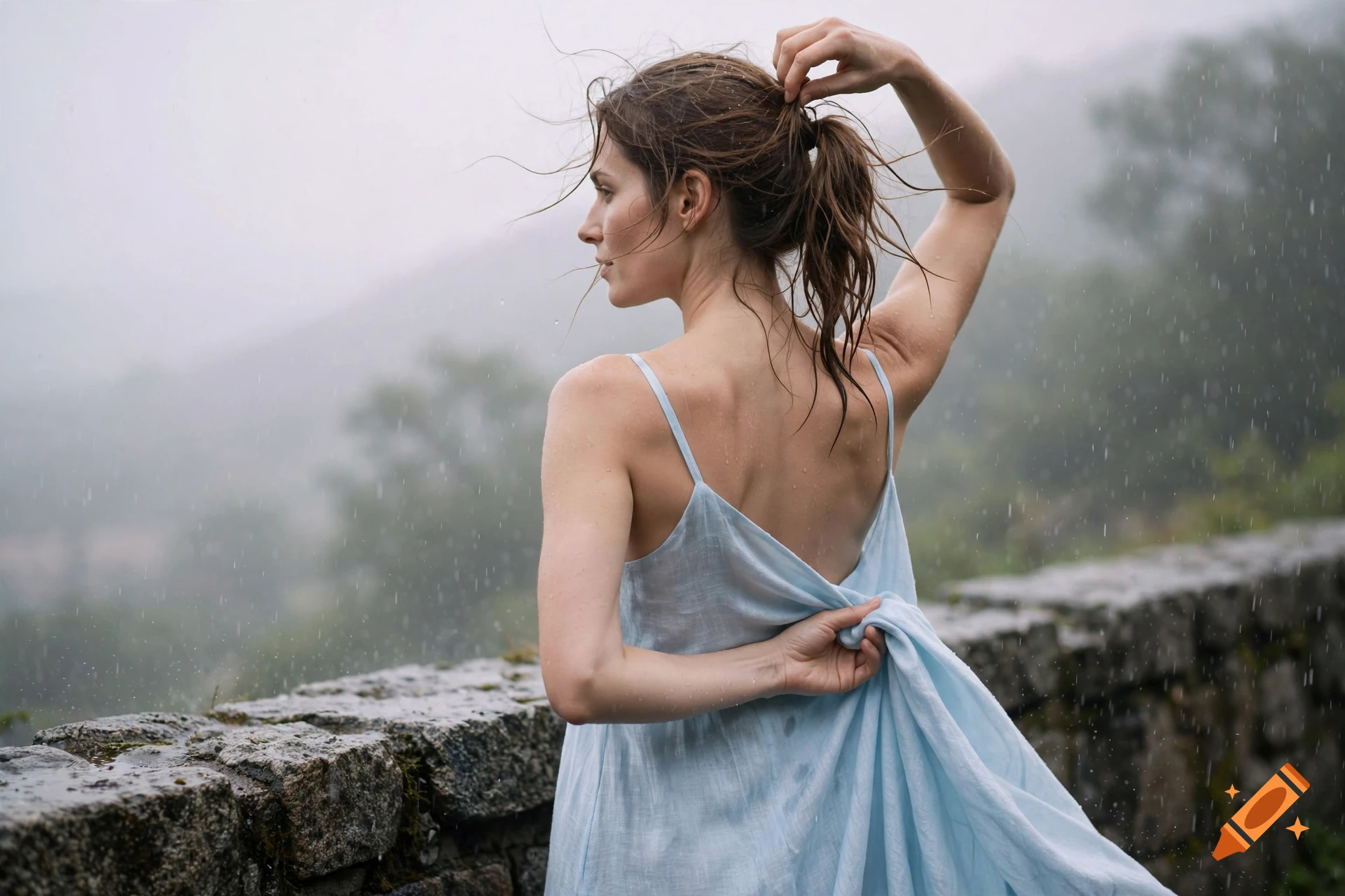 Photorealistic cinematic photo of a young woman in a pale blue dress standing by a stone wall in the rain.