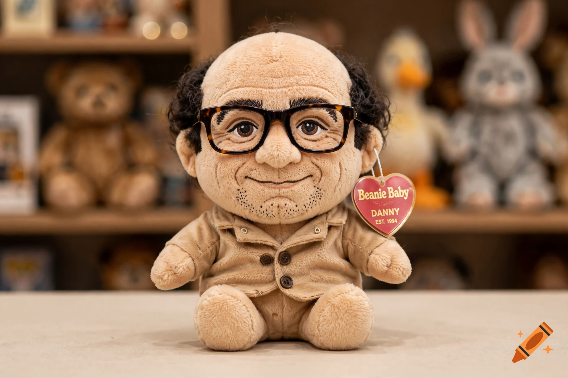A plush toy designed to look like Danny DeVito, styled as a Beanie Baby with a heart-shaped tag.