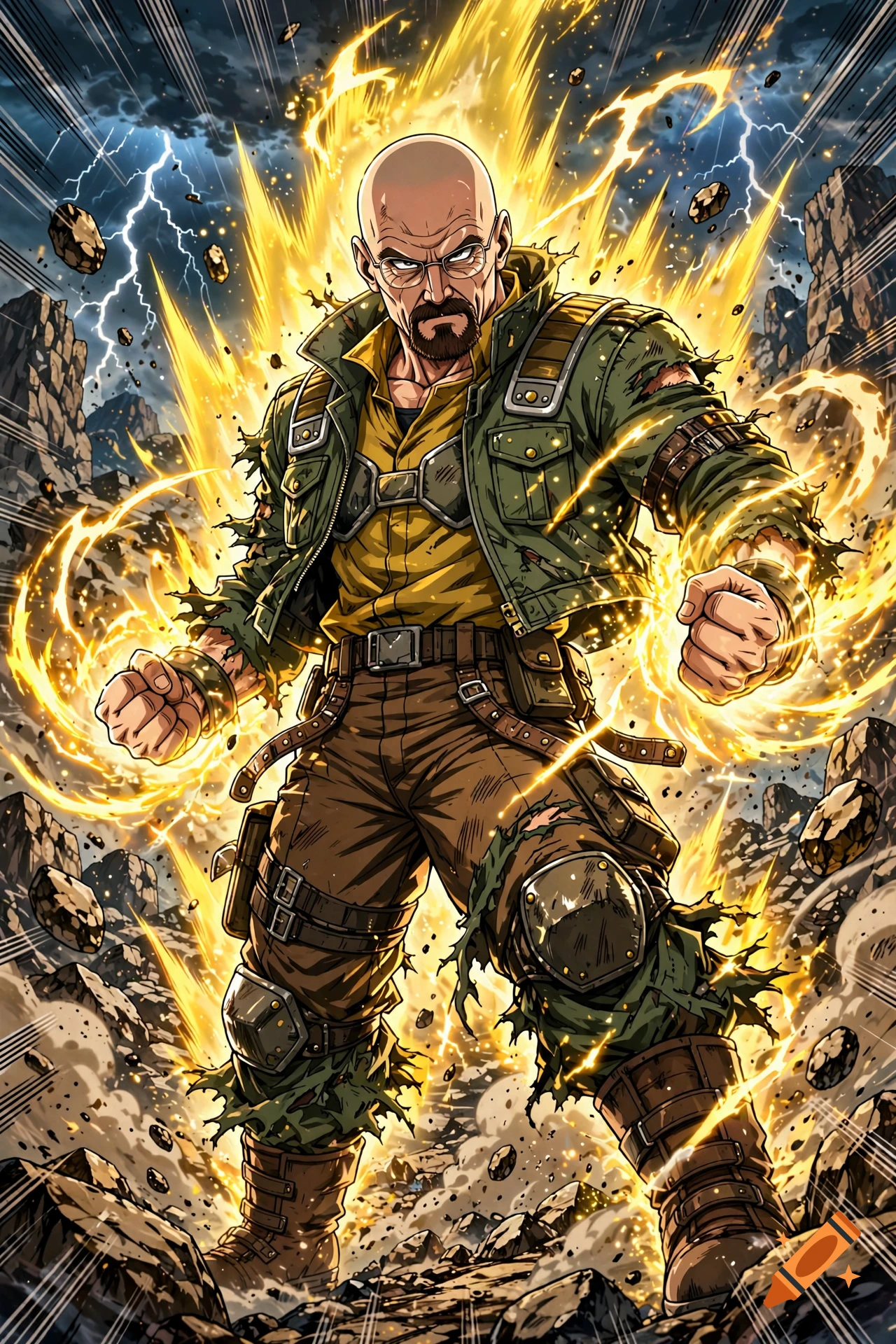 Walter White in Dragon Ball Z style with glowing golden aura and destroyed clothes.