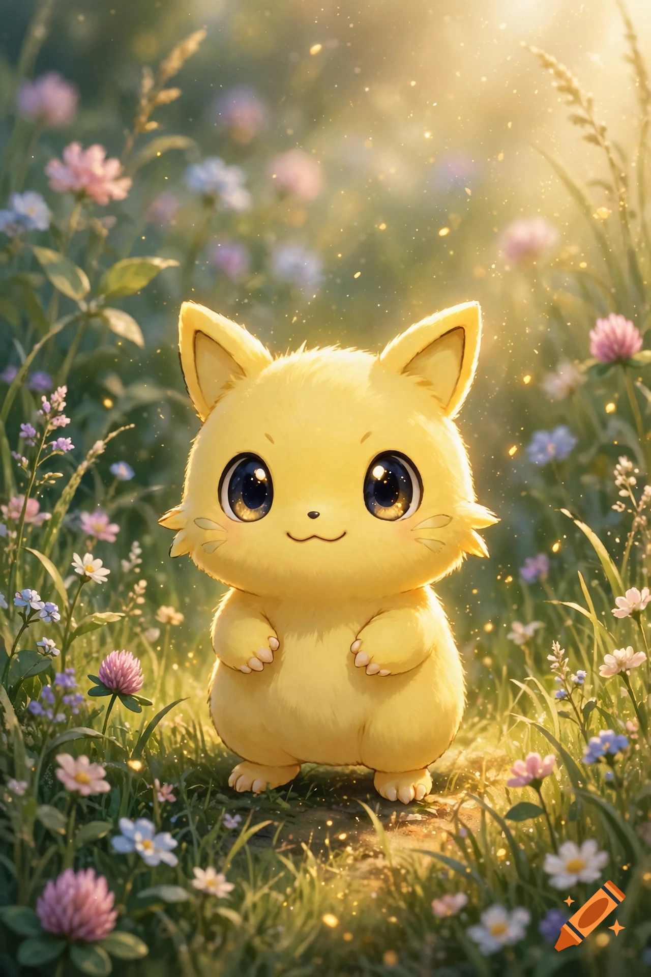A tiny, fluffy yellow pokemon standing in a sunlit grassy field filled with wildflowers.