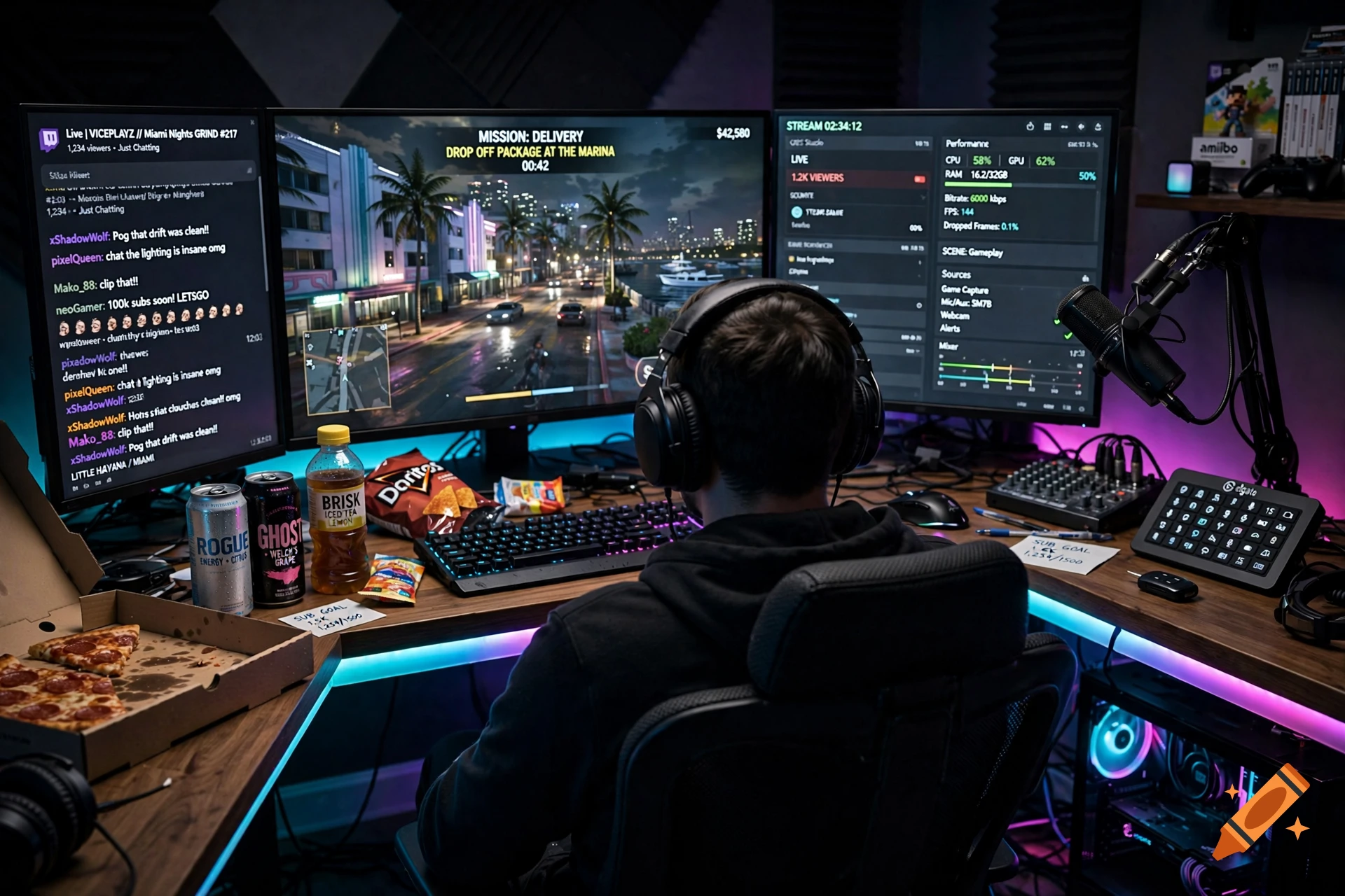 Over-the-shoulder view of a gamer at a multi-monitor desk streaming an open-world action game, surrounded by snacks and drinks.